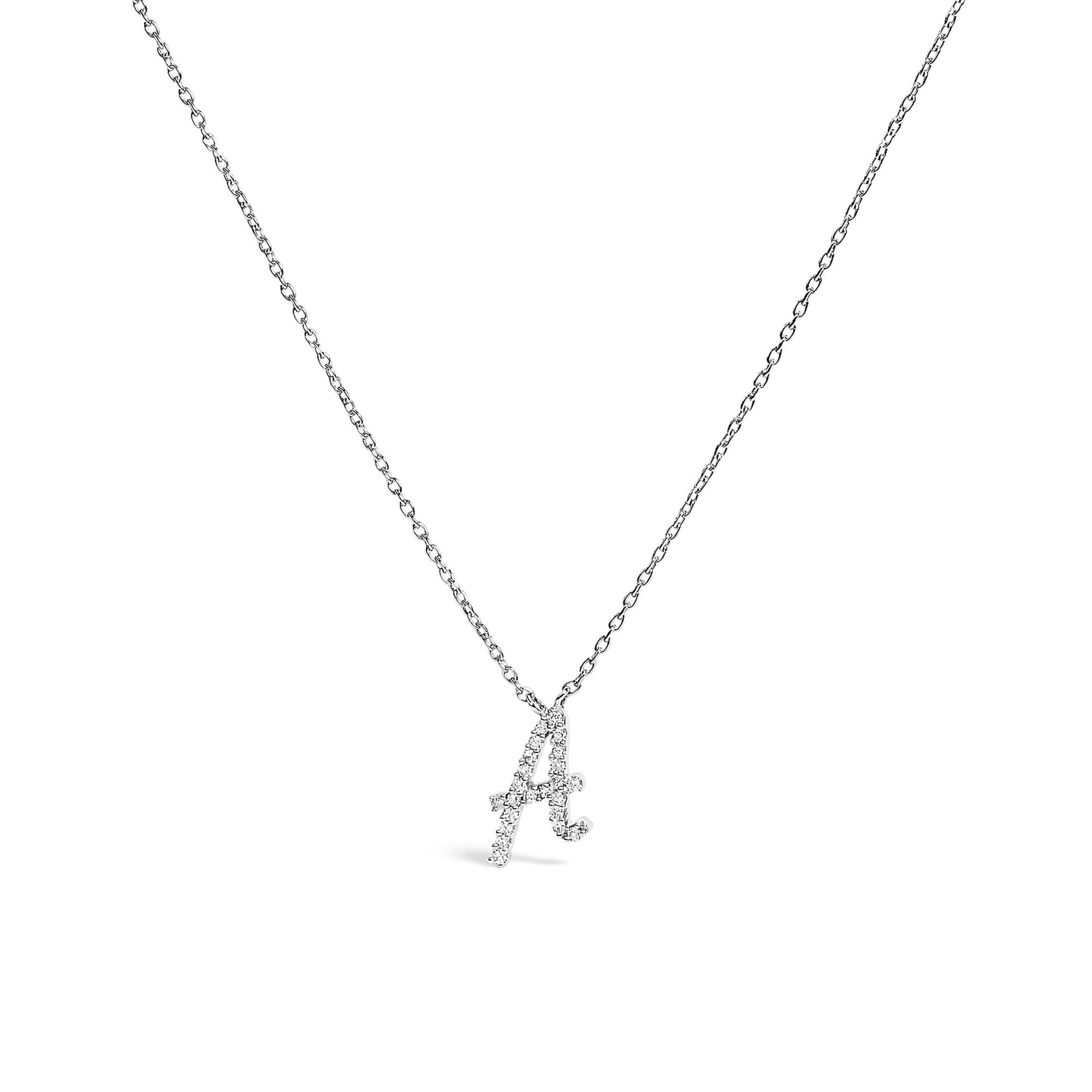 14K White Gold Diamond Accent "A" Initial Script Style Pendant Necklace