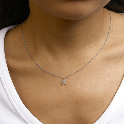 14K White Gold Diamond Accent "A" Initial Script Style Pendant Necklace