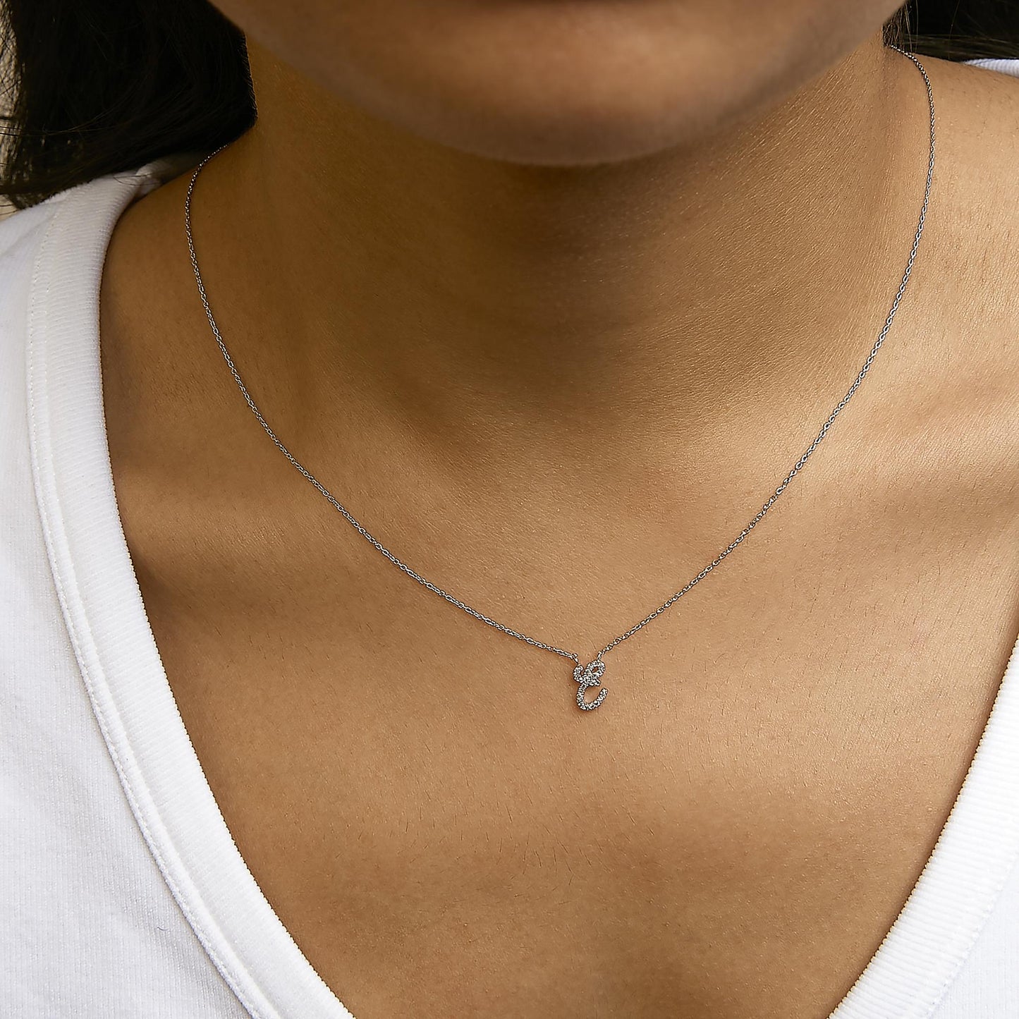 10K White Gold Diamond Accent  A-Z Initial Script Style Pendant Necklace