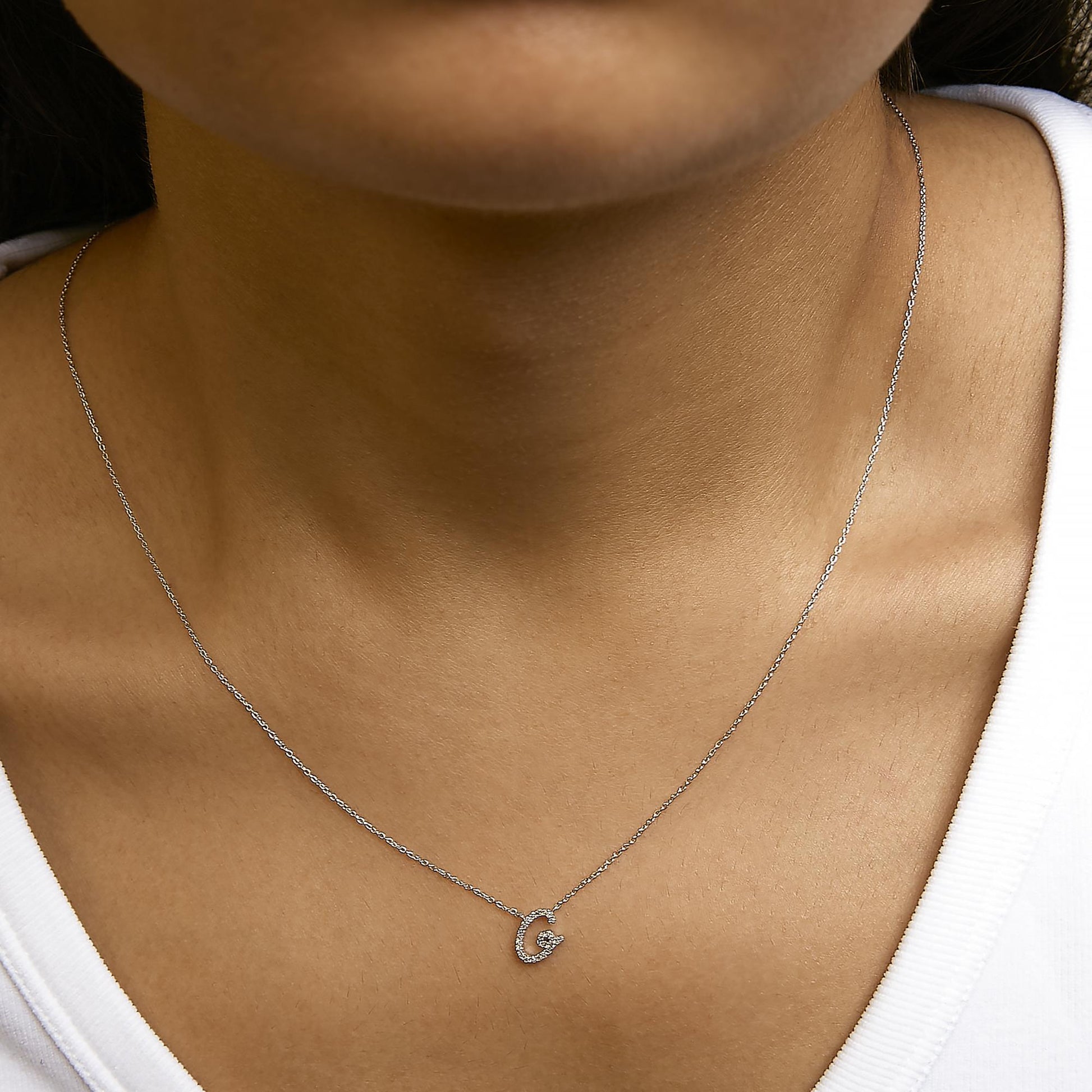10K White Gold Diamond Accent  A-Z Initial Script Style Pendant Necklace