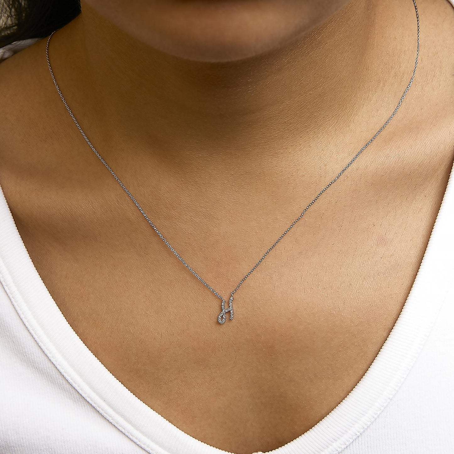 10K White Gold Diamond Accent  A-Z Initial Script Style Pendant Necklace