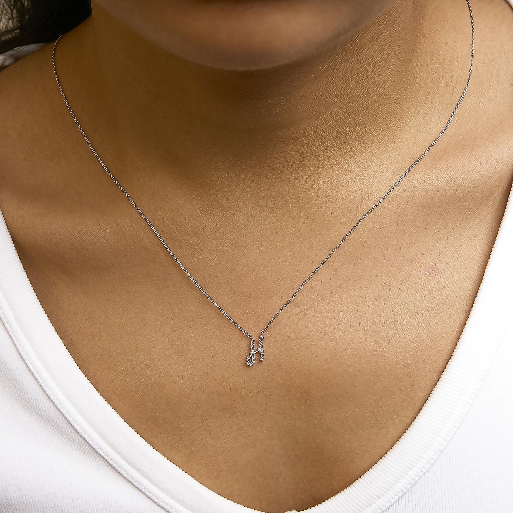 10K White Gold Diamond Accent  A-Z Initial Script Style Pendant Necklace