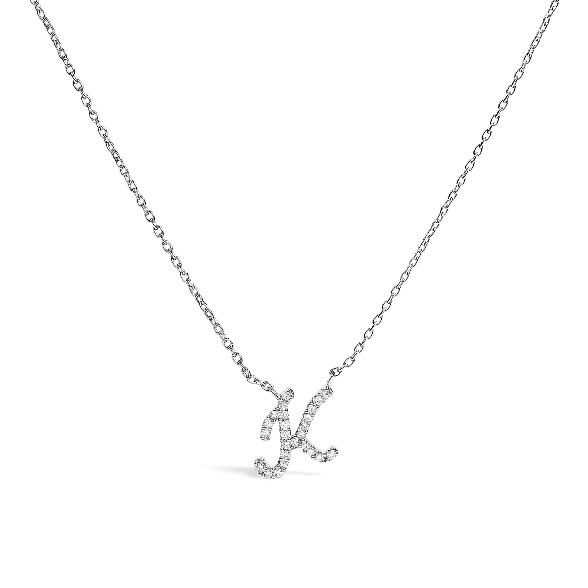 10K White Gold Diamond Accent  A-Z Initial Script Style Pendant Necklace