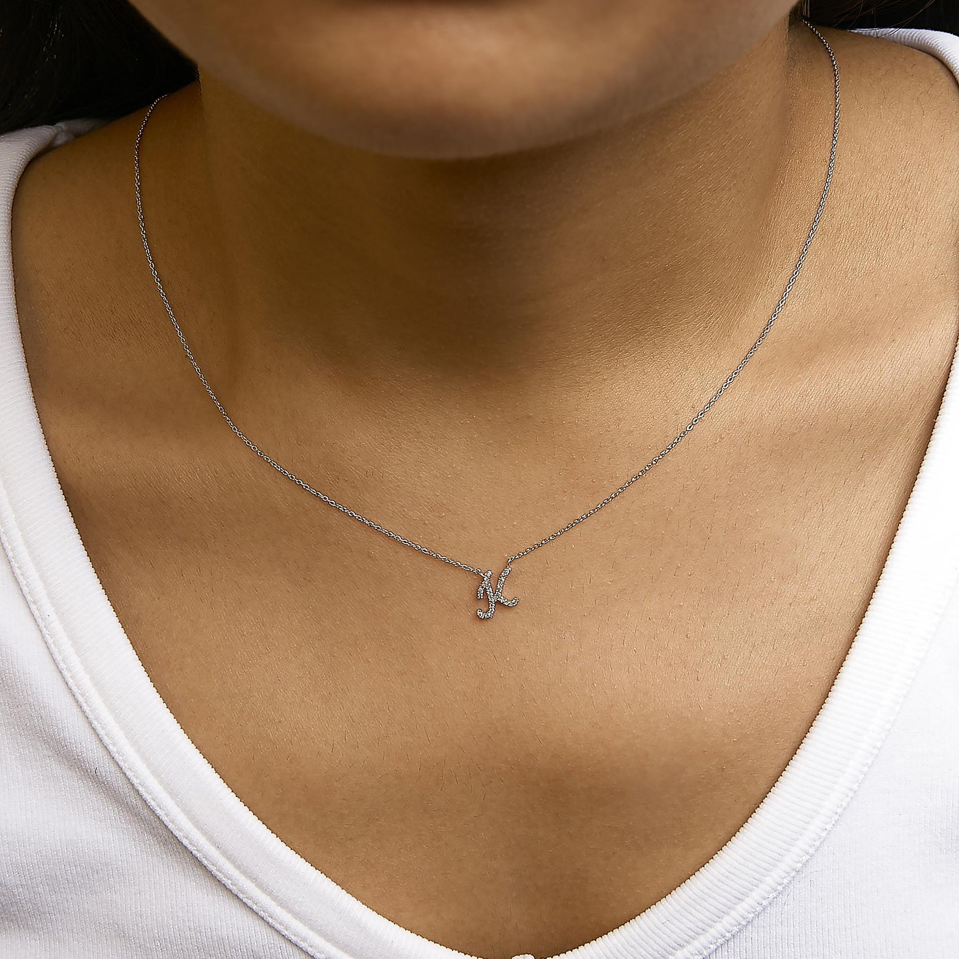 10K White Gold Diamond Accent  A-Z Initial Script Style Pendant Necklace