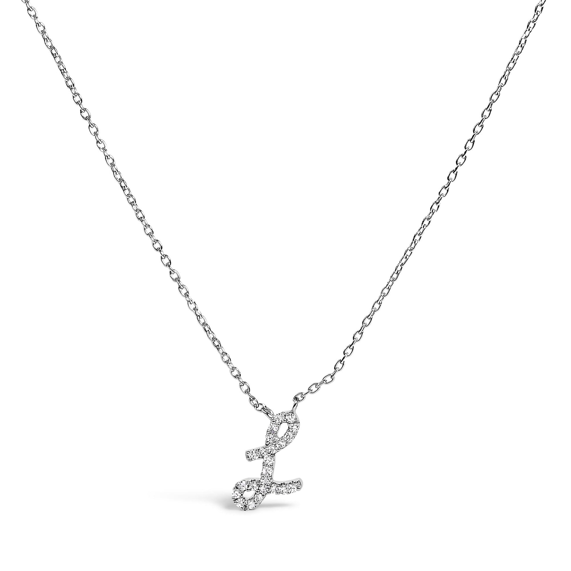 10K White Gold Diamond Accent  A-Z Initial Script Style Pendant Necklace