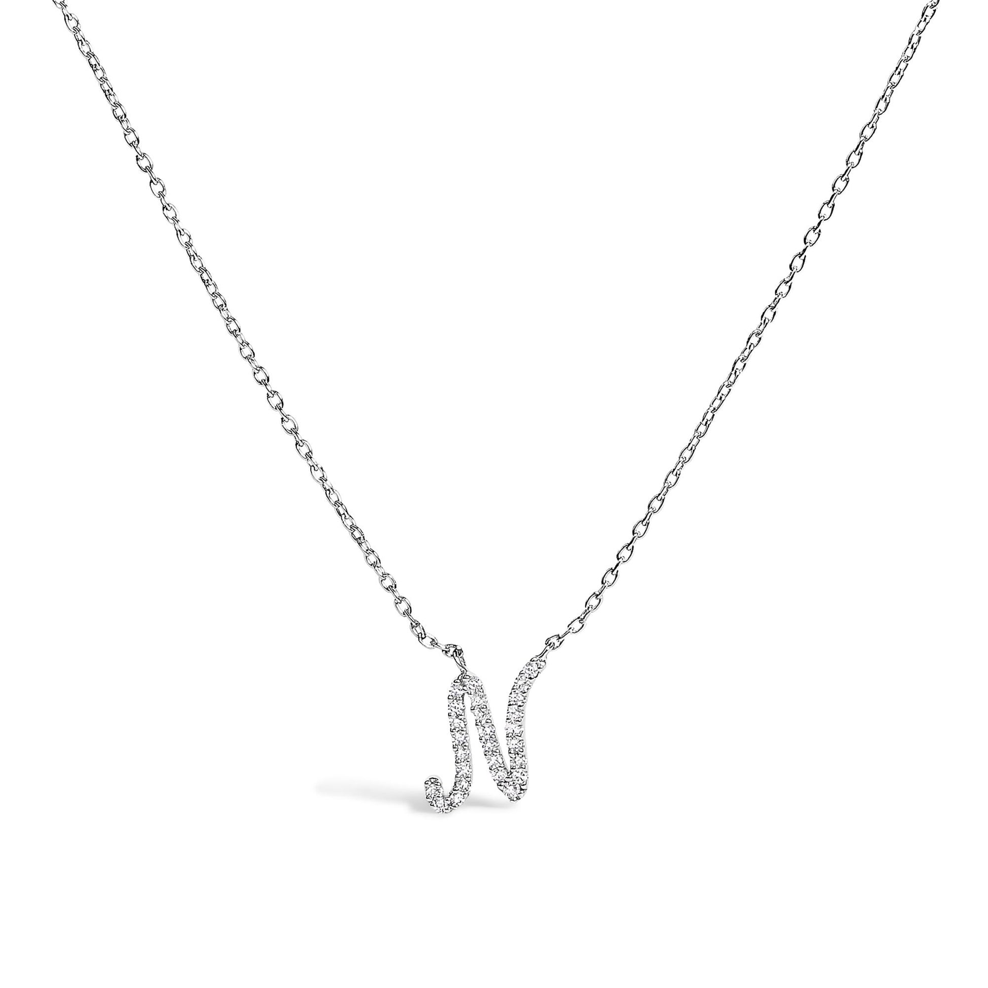 10K White Gold Diamond Accent  A-Z Initial Script Style Pendant Necklace