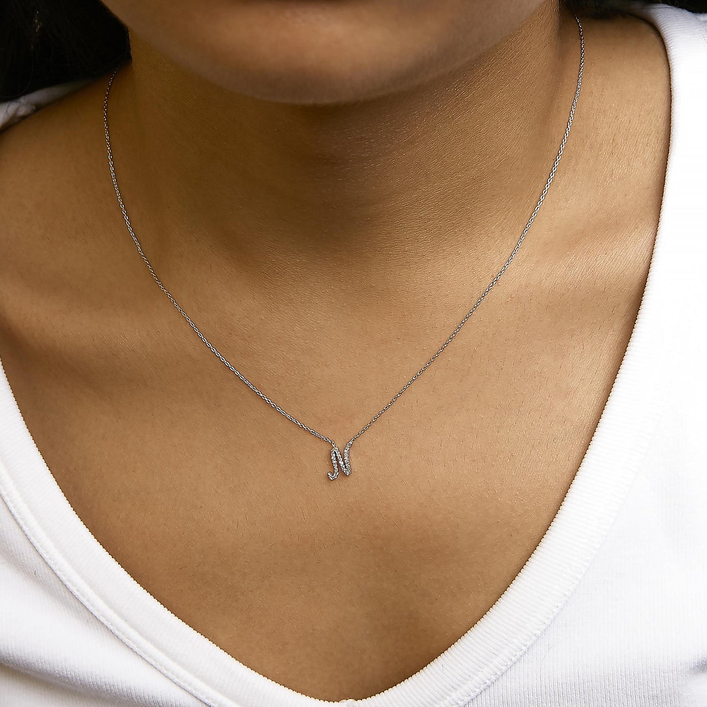 10K White Gold Diamond Accent  A-Z Initial Script Style Pendant Necklace