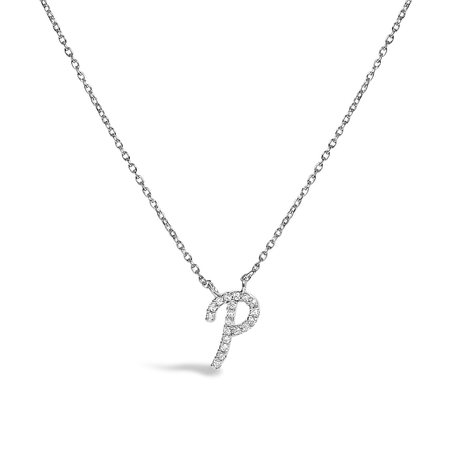 10K White Gold Diamond Accent  A-Z Initial Script Style Pendant Necklace