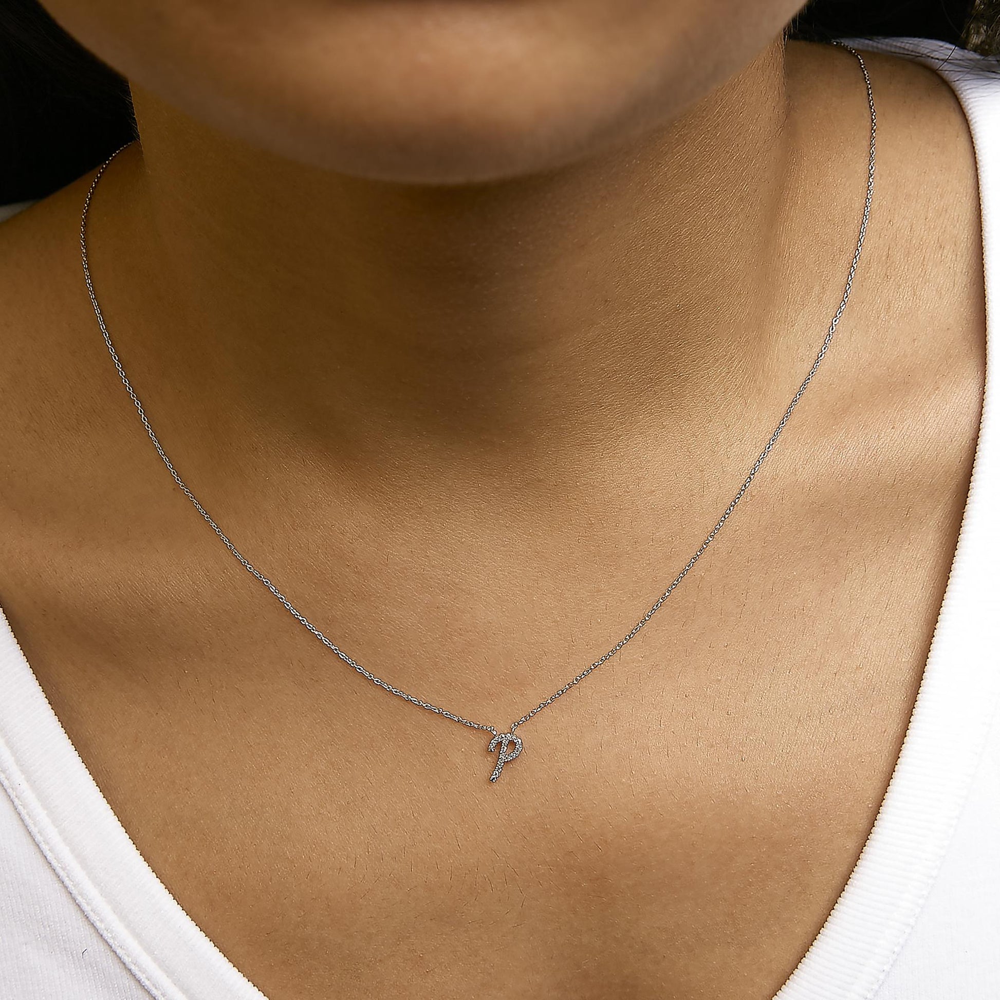 10K White Gold Diamond Accent  A-Z Initial Script Style Pendant Necklace