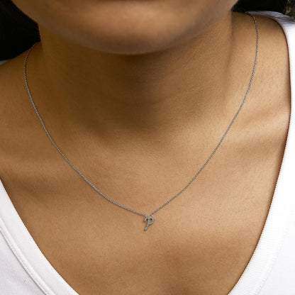 10K White Gold Diamond Accent  A-Z Initial Script Style Pendant Necklace