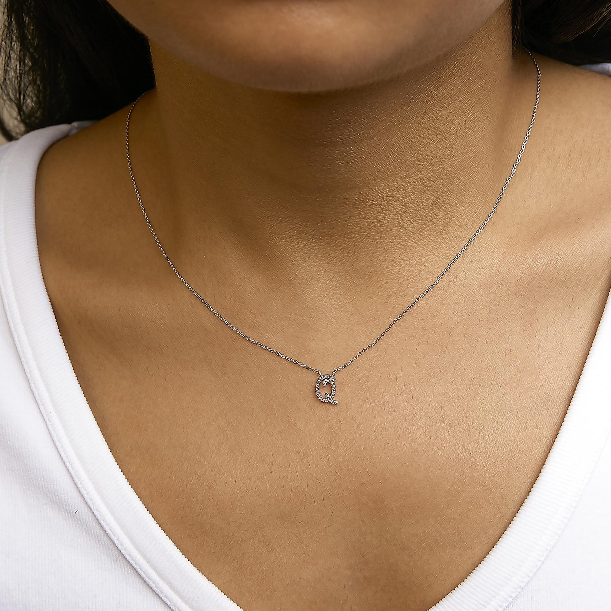 10K White Gold Diamond Accent  A-Z Initial Script Style Pendant Necklace
