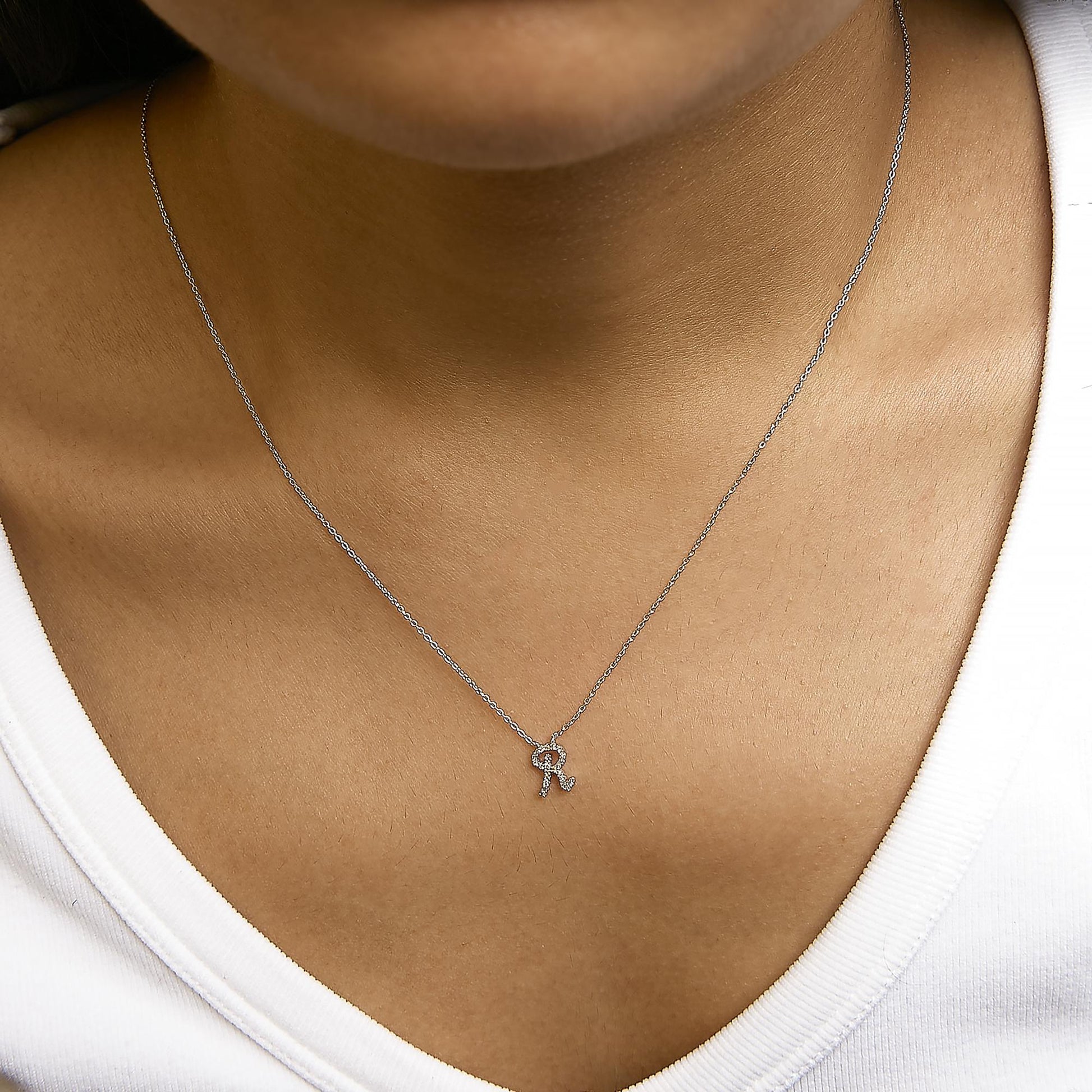 10K White Gold Diamond Accent  A-Z Initial Script Style Pendant Necklace