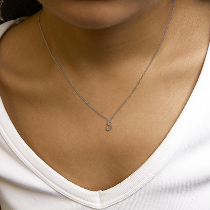 10K White Gold Diamond Accent  A-Z Initial Script Style Pendant Necklace