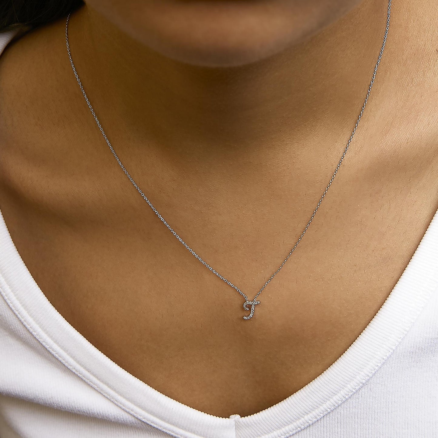 10K White Gold Diamond Accent  A-Z Initial Script Style Pendant Necklace