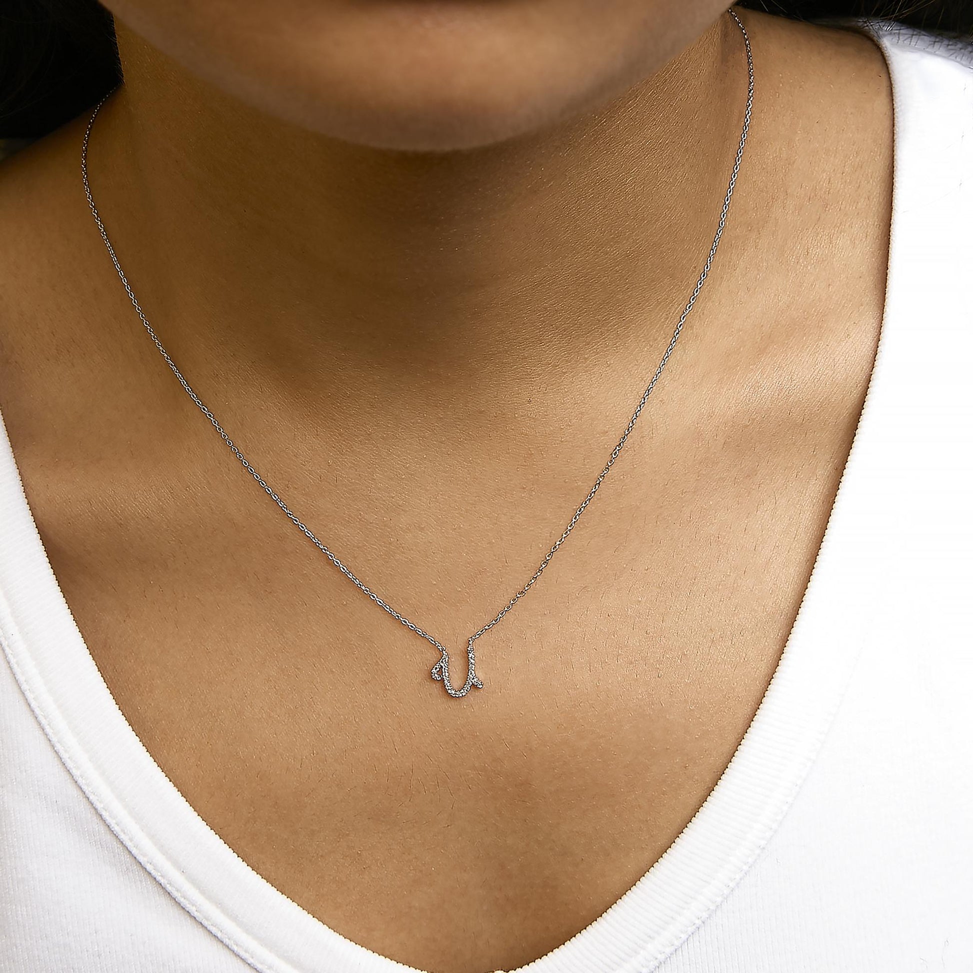 10K White Gold Diamond Accent  A-Z Initial Script Style Pendant Necklace