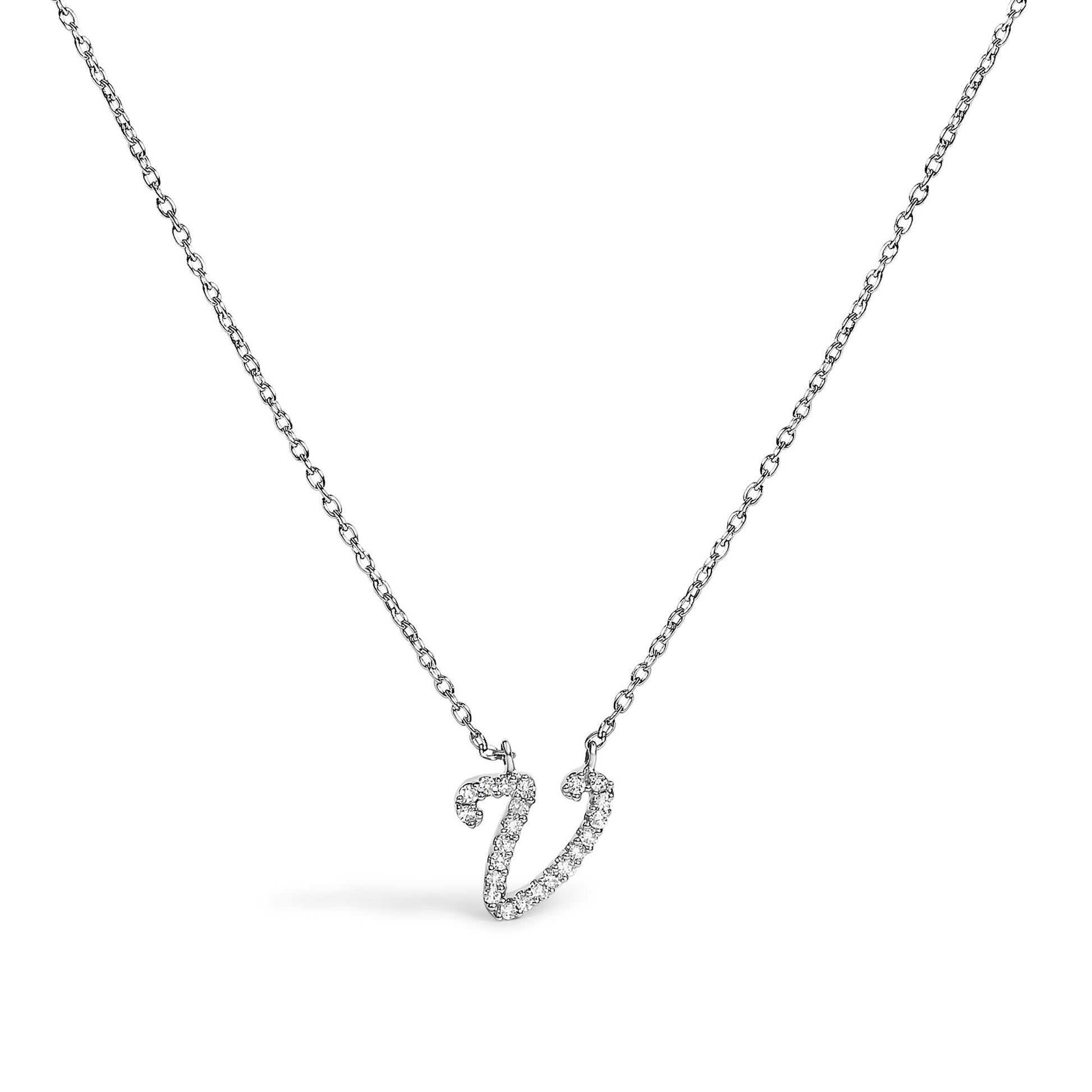 10K White Gold Diamond Accent  A-Z Initial Script Style Pendant Necklace