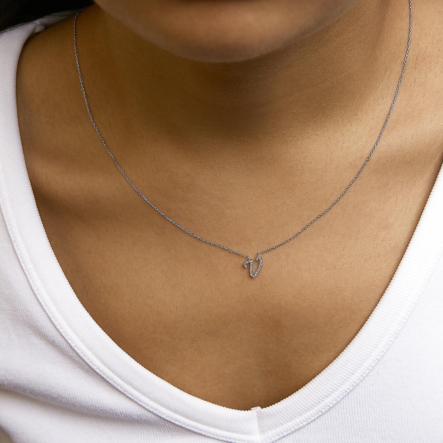 10K White Gold Diamond Accent  A-Z Initial Script Style Pendant Necklace