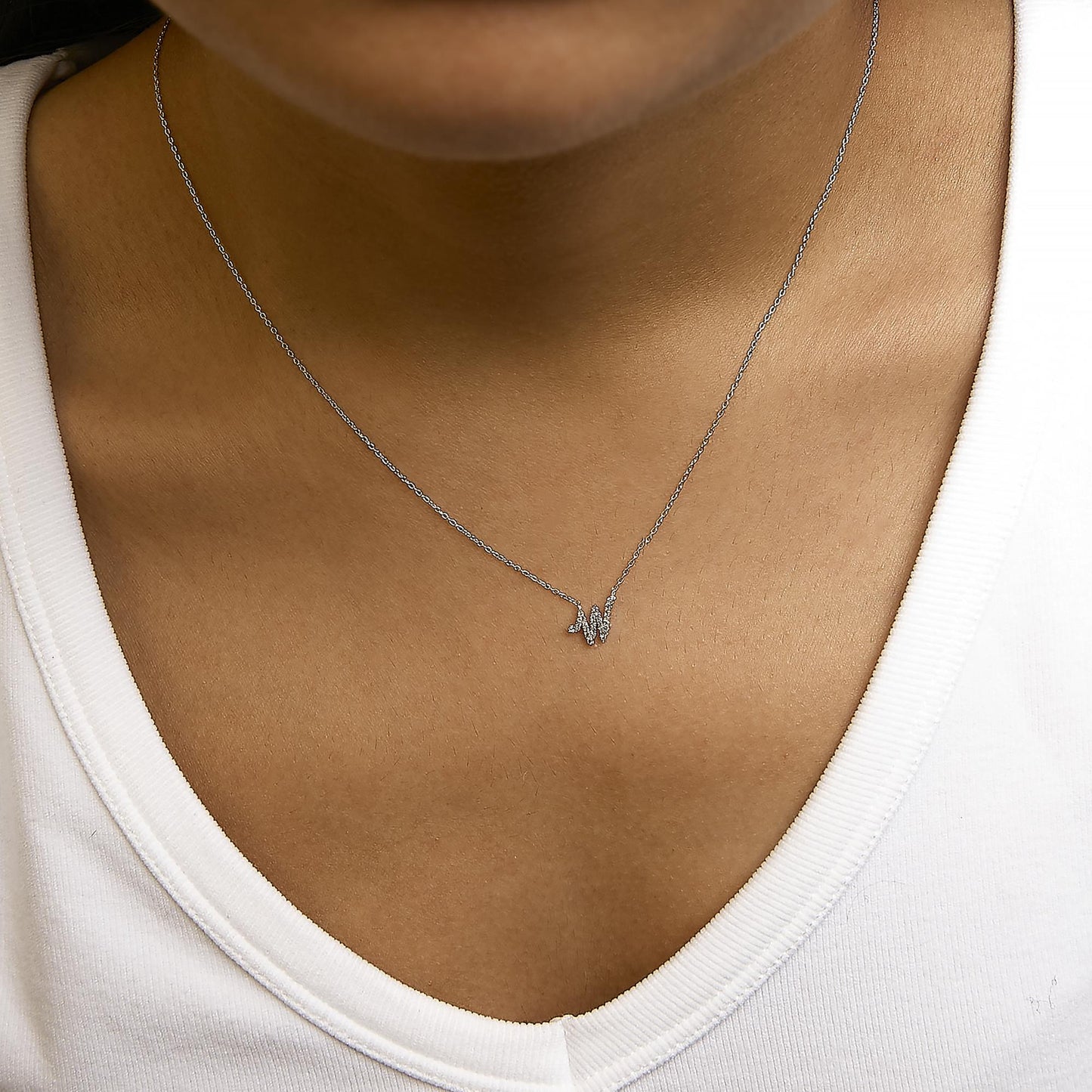 10K White Gold Diamond Accent  A-Z Initial Script Style Pendant Necklace