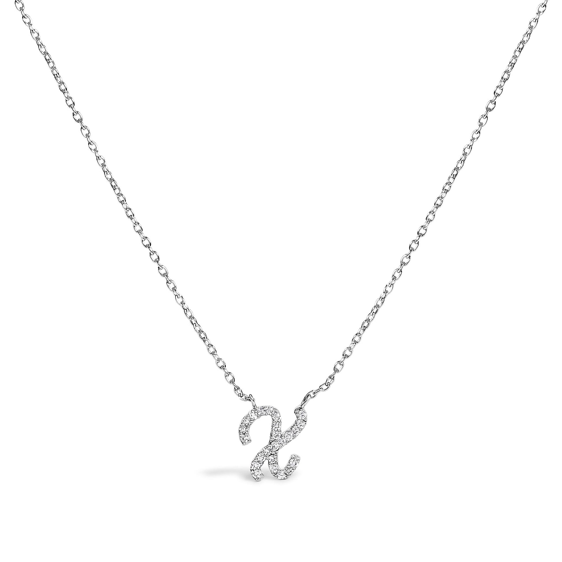 10K White Gold Diamond Accent  A-Z Initial Script Style Pendant Necklace