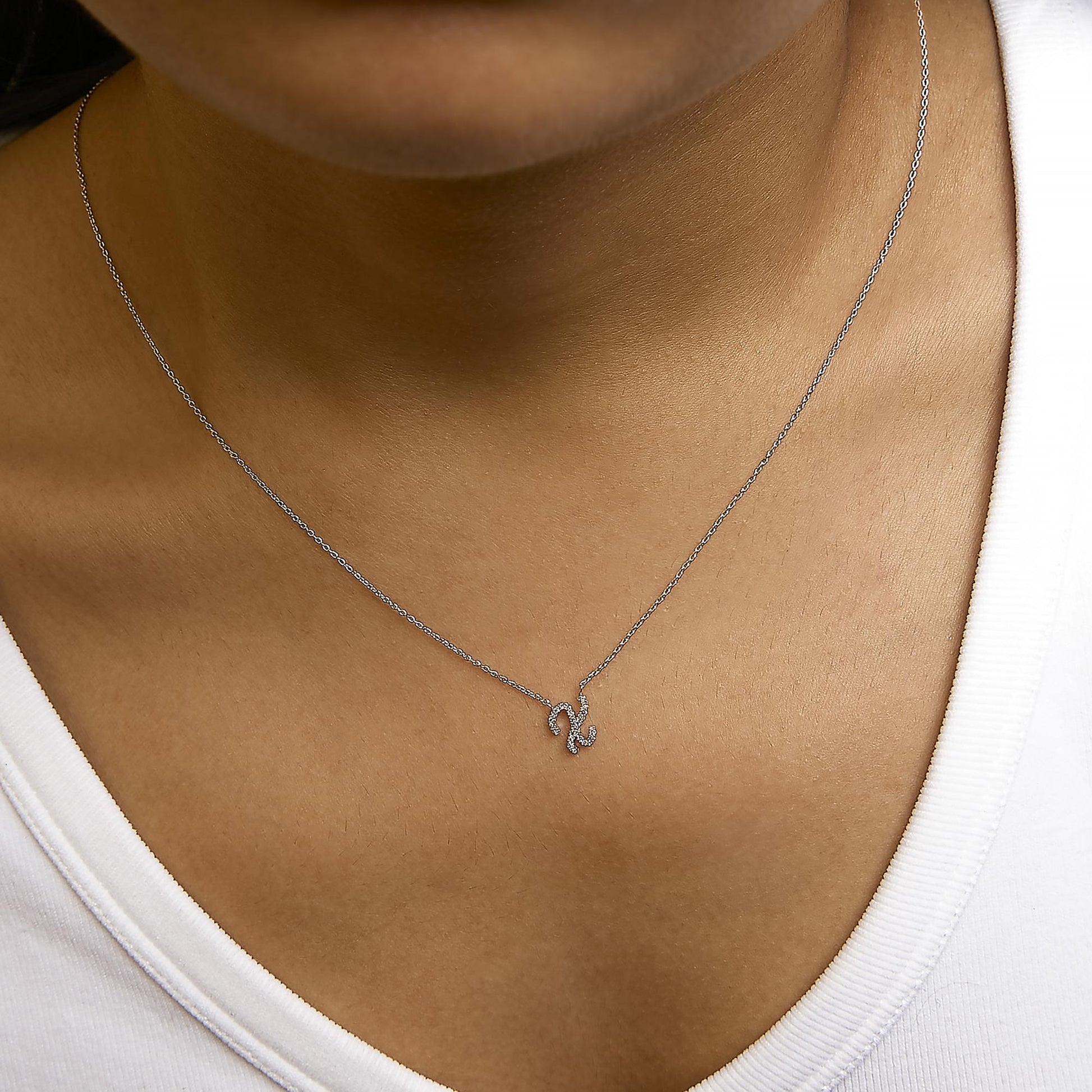 10K White Gold Diamond Accent  A-Z Initial Script Style Pendant Necklace