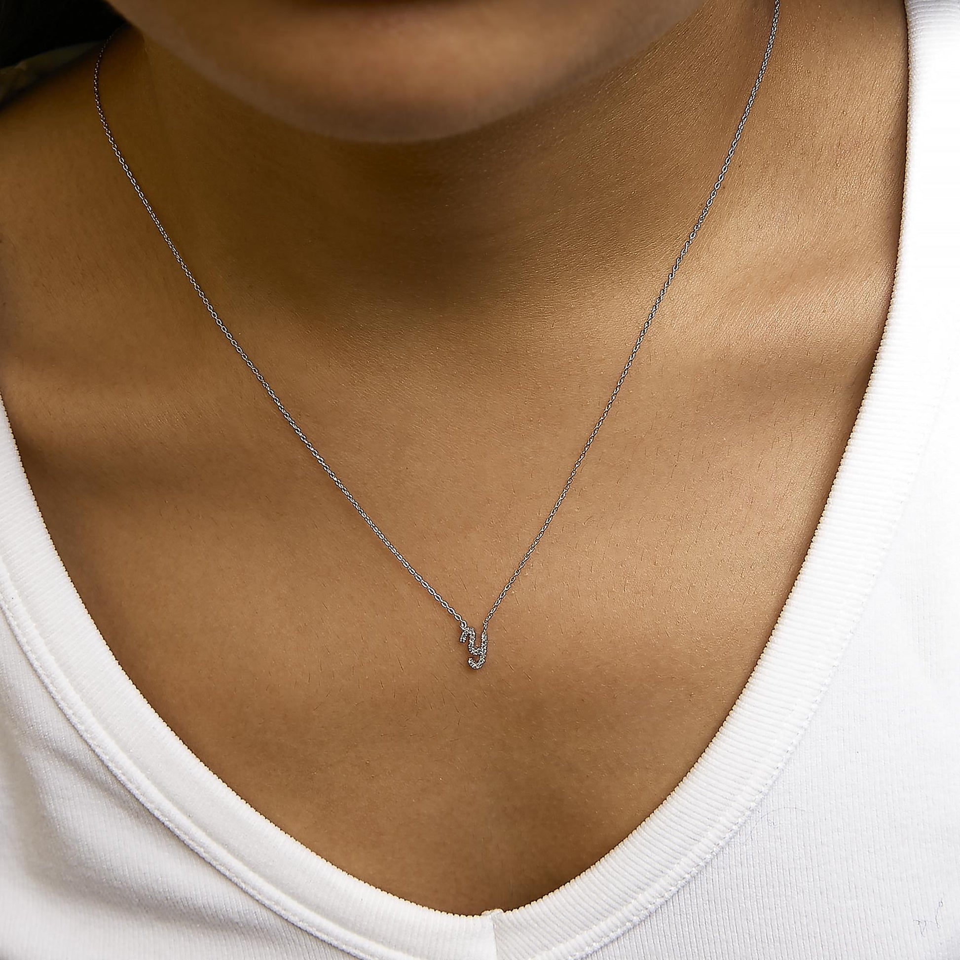 10K White Gold Diamond Accent  A-Z Initial Script Style Pendant Necklace