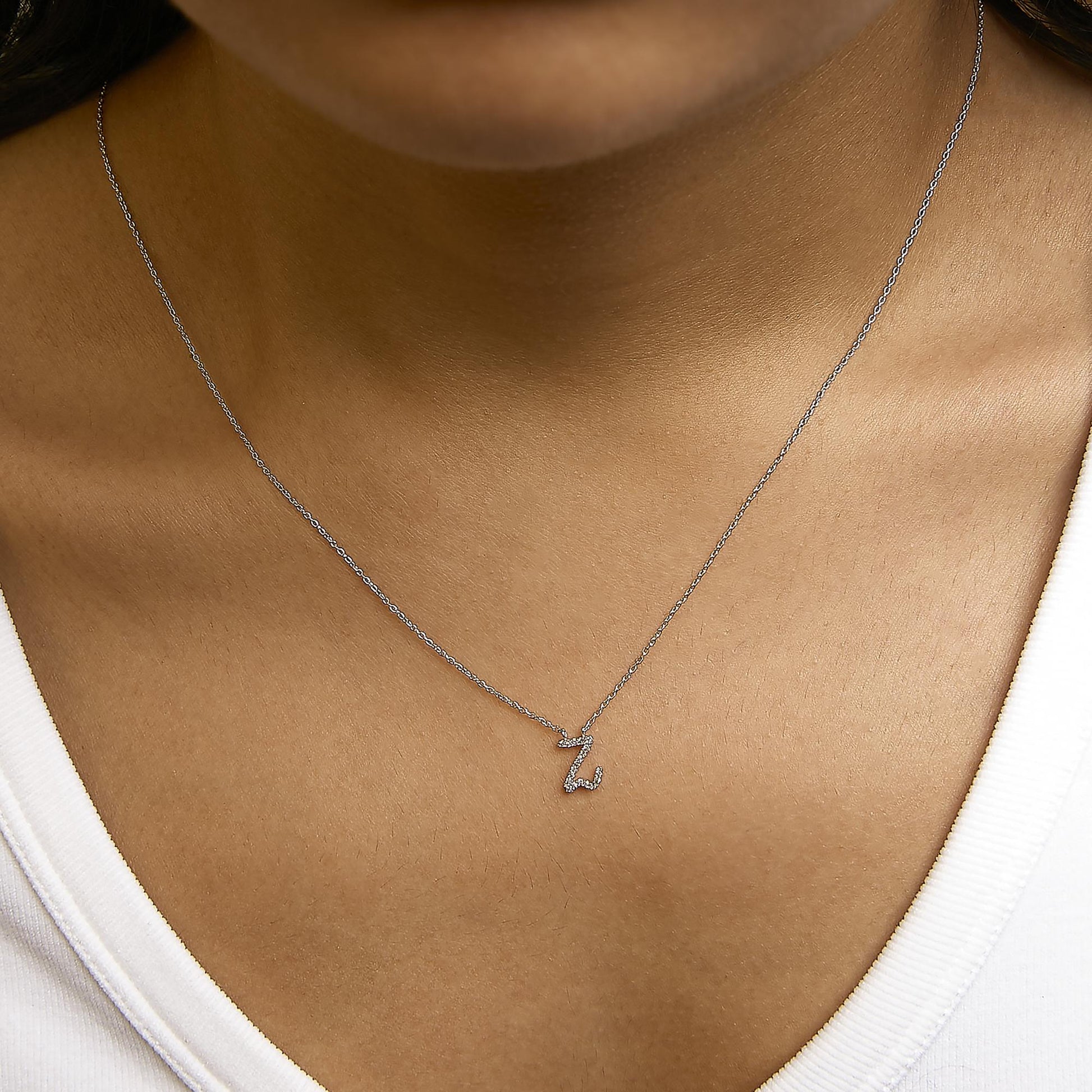 10K White Gold Diamond Accent  A-Z Initial Script Style Pendant Necklace