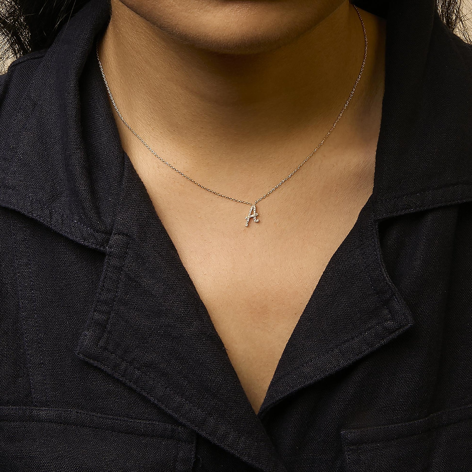 10K Yellow Gold Diamond Accent  A-Z Initial Script Style Pendant Necklace
