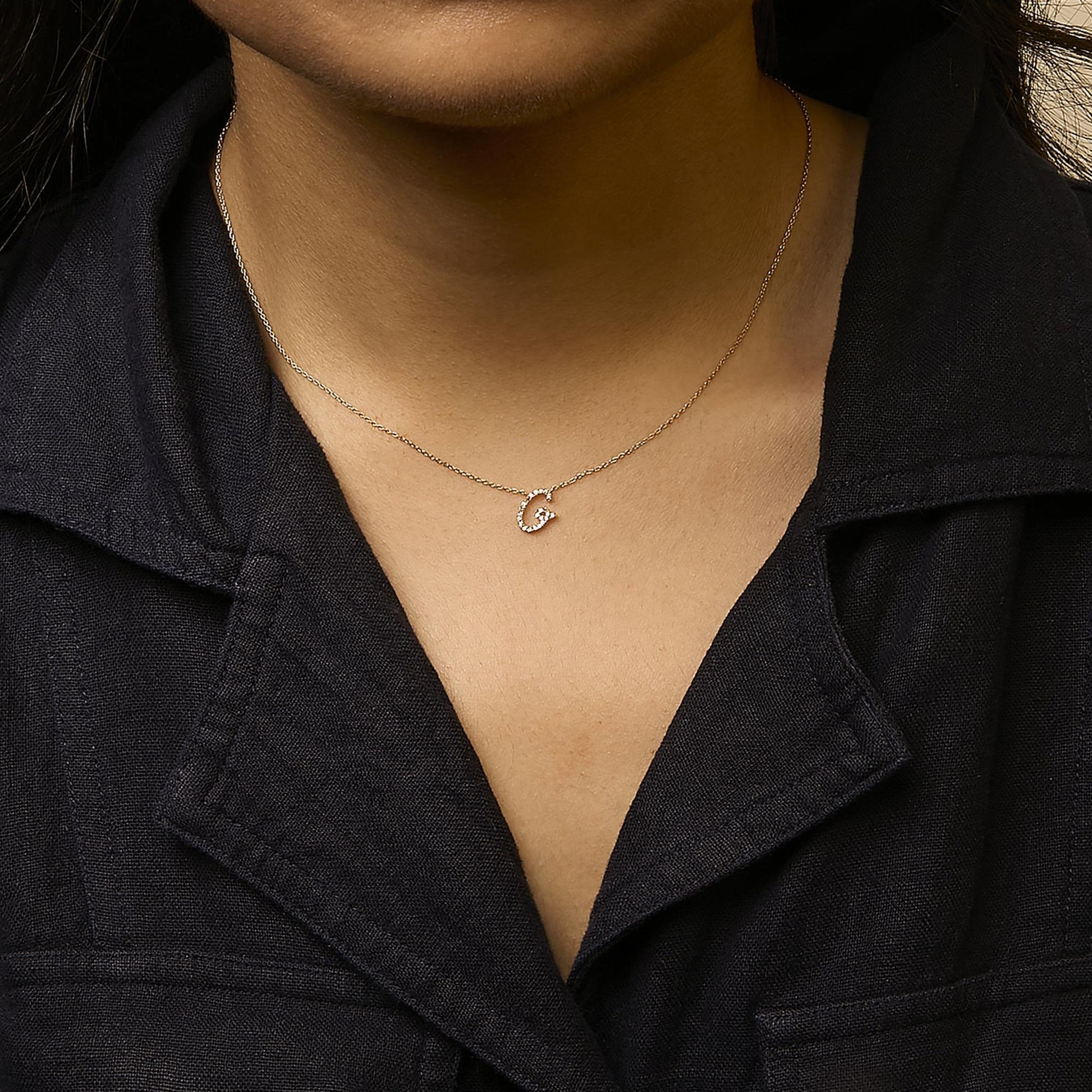 10K Yellow Gold Diamond Accent  A-Z Initial Script Style Pendant Necklace