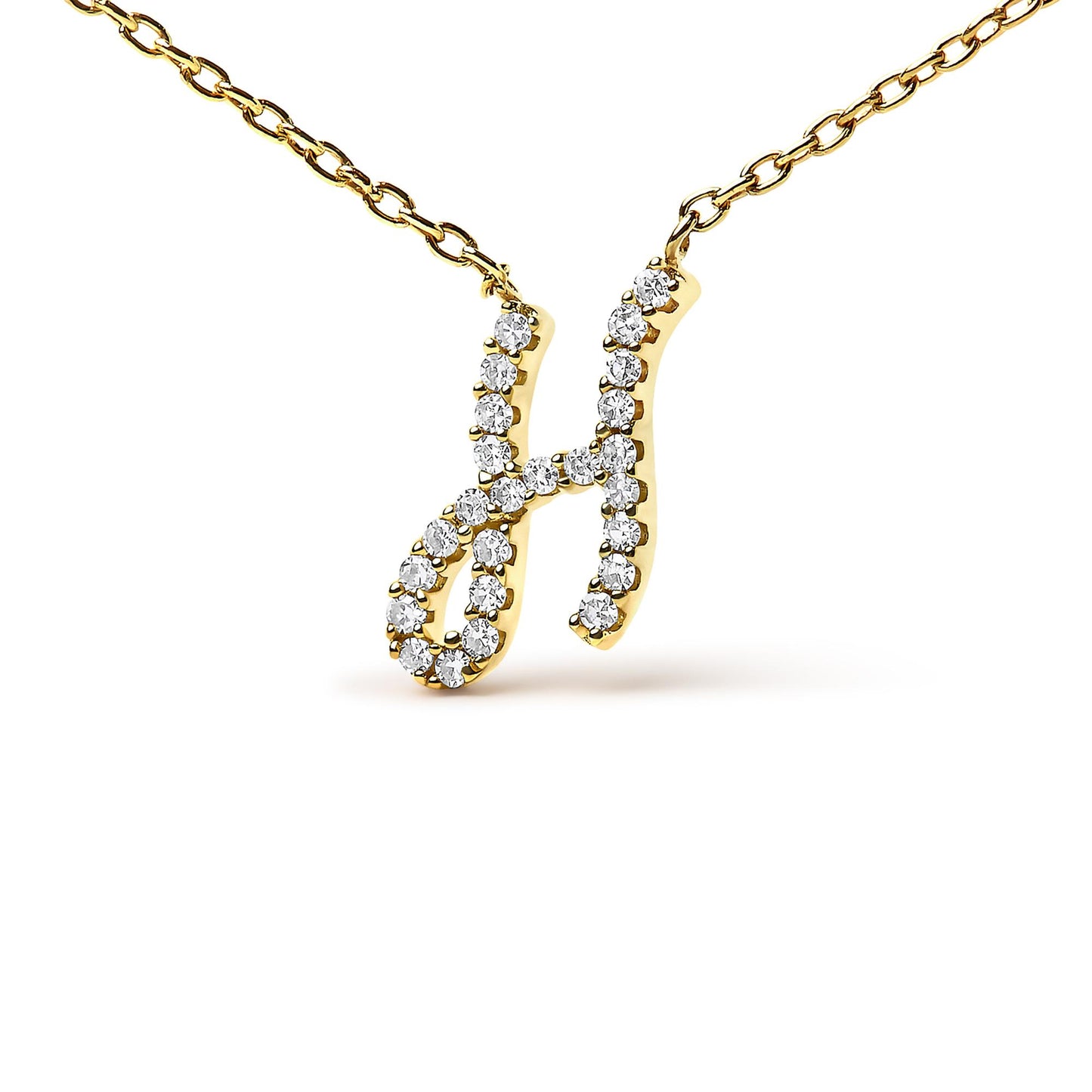 Close-up front view of a yellow metal necklace pendant shaped like the letter H, adorned with round white gemstones in a micro-pave setting, shown on a white background.
