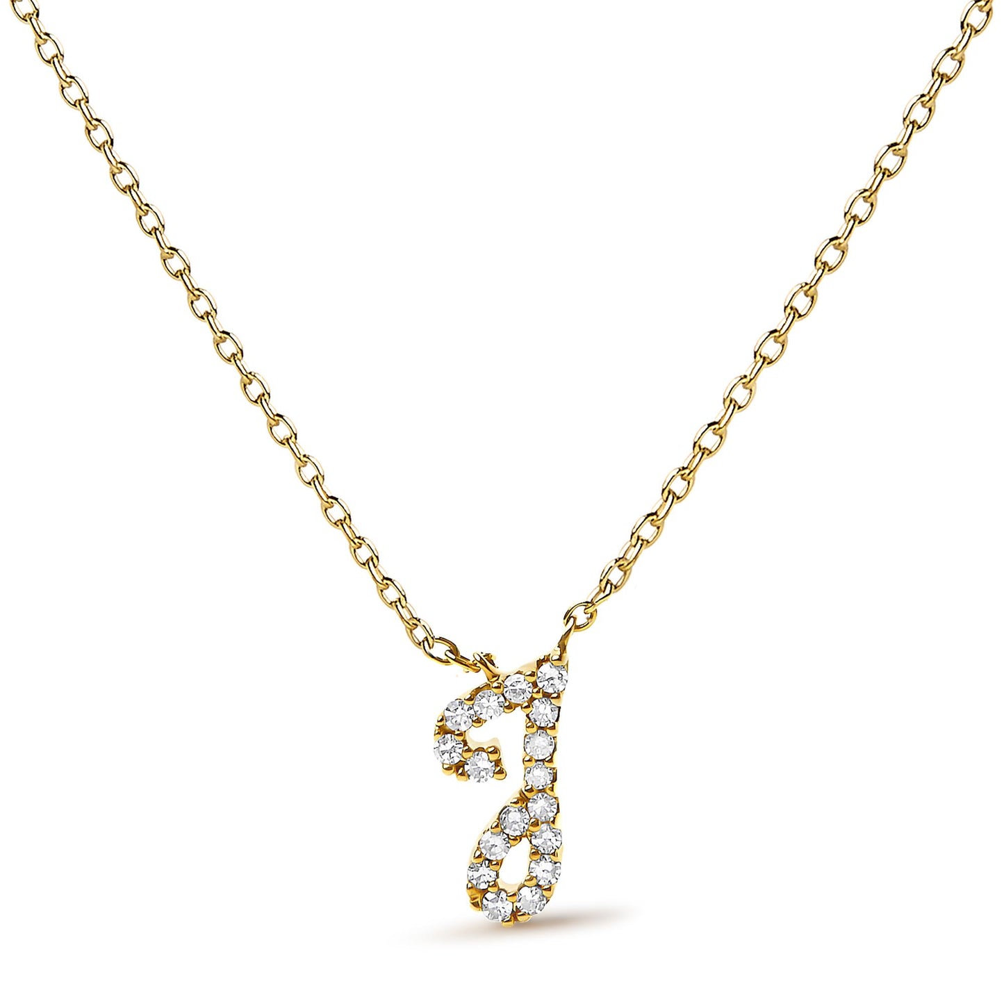 Close-up front view of a yellow metal necklace with a pendant shaped like a lowercase 'j' adorned with multiple round white gemstones in micro-pave setting.