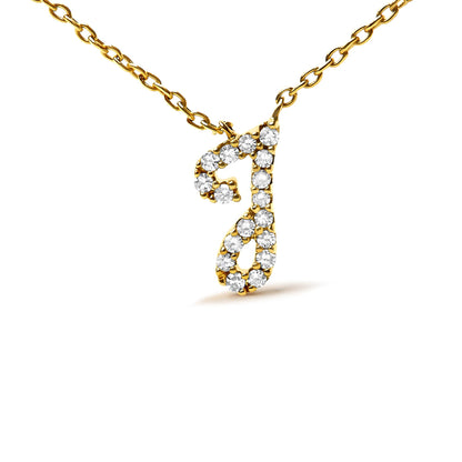 Close-up front view of a yellow metal necklace with a pendant in the shape of a stylized letter 'J' adorned with round white gemstones in a micro-pave setting.