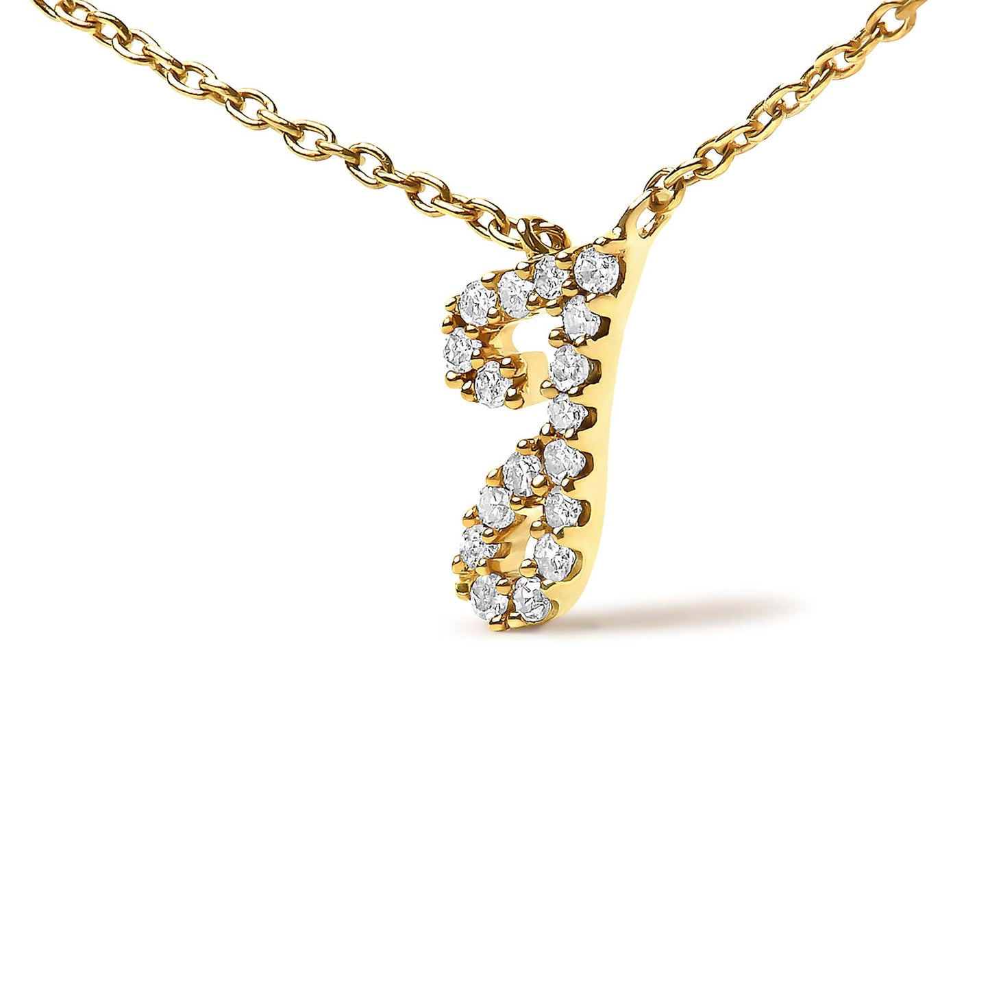 Close-up angled view of a yellow metal necklace pendant shaped like the letter 'J,' adorned with multiple round white gemstones in a micro-pave setting.