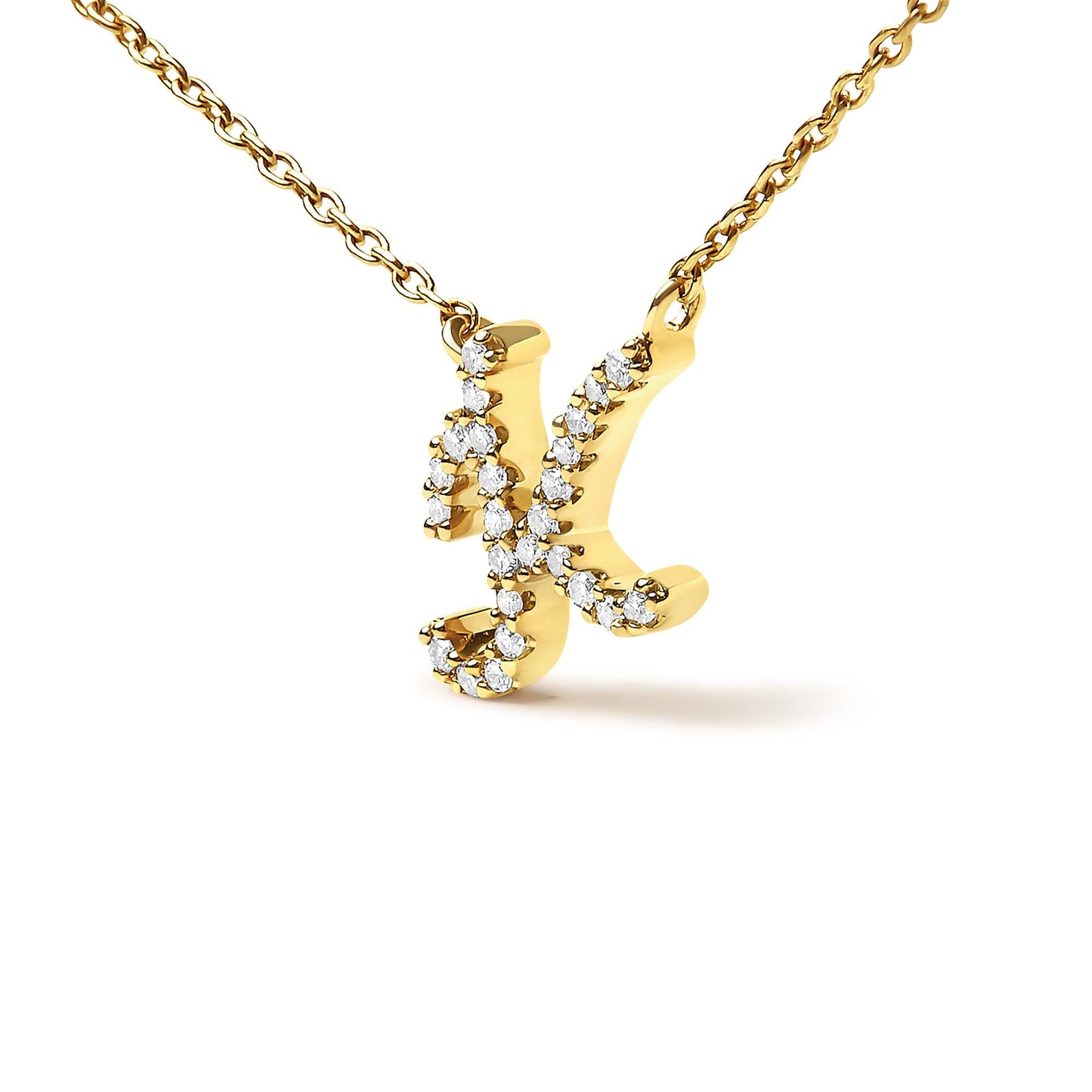 Close-up front angled view of a yellow necklace pendant shaped like the letter 'K' adorned with round white gemstones in a micro-pave setting, suspended from a matching yellow chain.