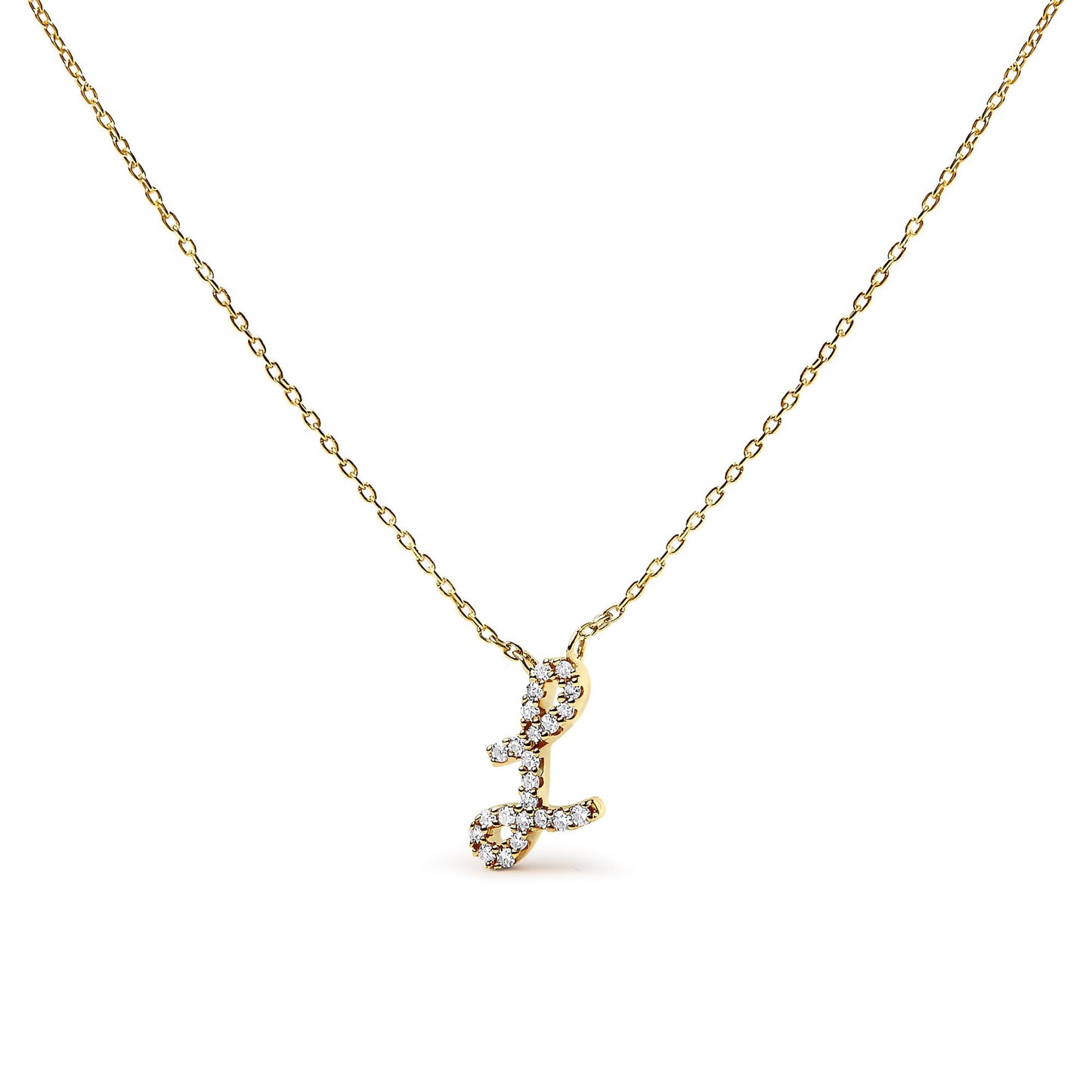 Yellow metal necklace with a pendant shaped like a stylized letter, adorned with small white gemstones in a micro-pave setting, shown in a front-facing angle on a white background.
