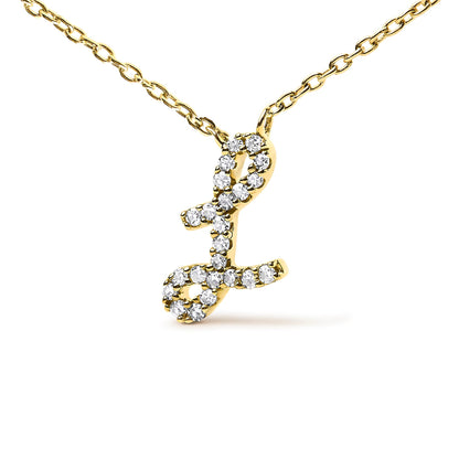 Close-up front angle of a yellow metal necklace with a pendant featuring a cursive letter 'L' design, adorned with white round gemstones in a micro-pave setting.