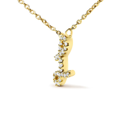 Close-up front angled view of a yellow metal necklace pendant in the shape of a letter J, adorned with small white round gemstones in a micro-pave setting, hanging from a matching chain, shown on a white background.