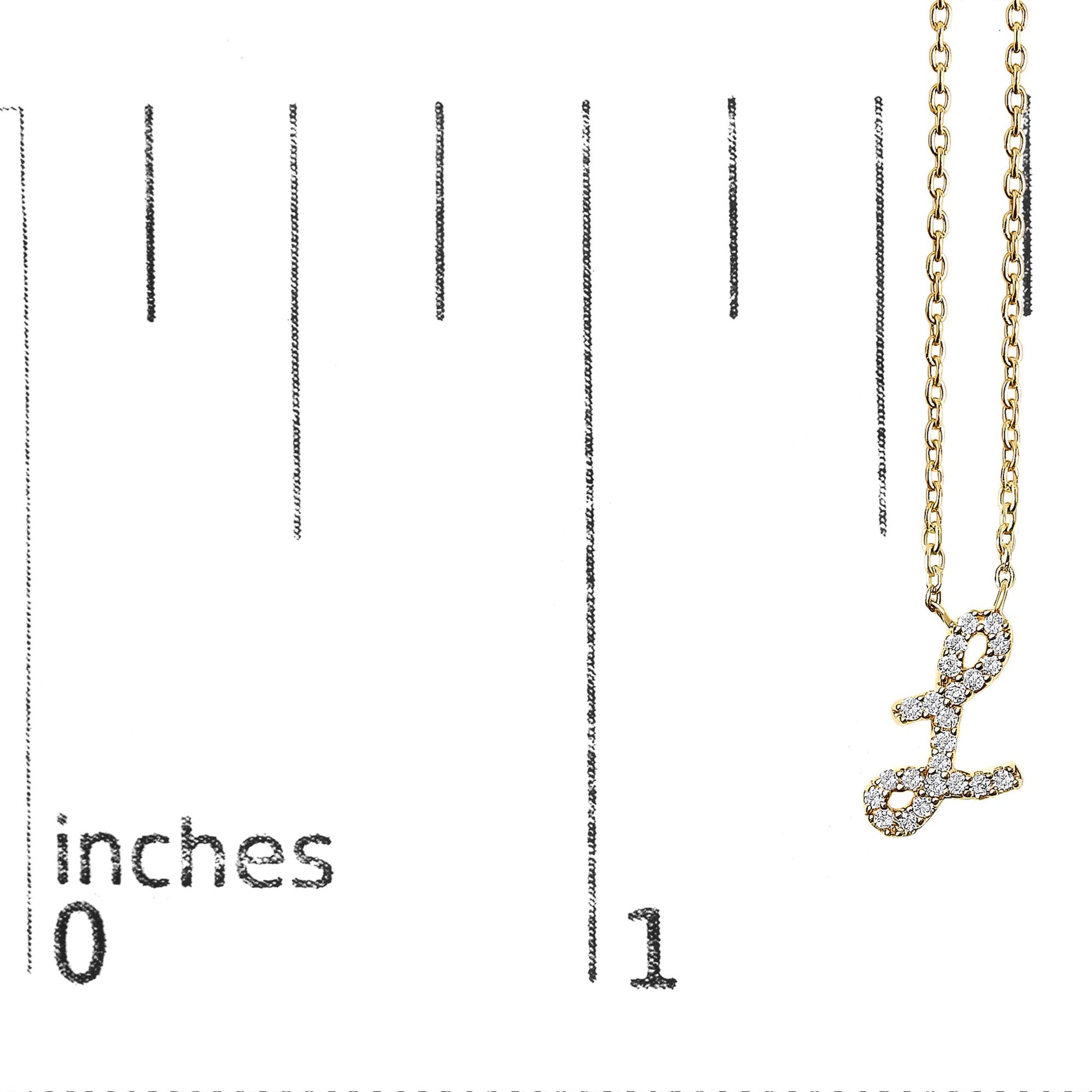 Yellow metal necklace with a pendant shaped like the letter 'L' adorned with white round gemstones in a micro-pave setting, shown on a scale with inch markings, viewed from the front.