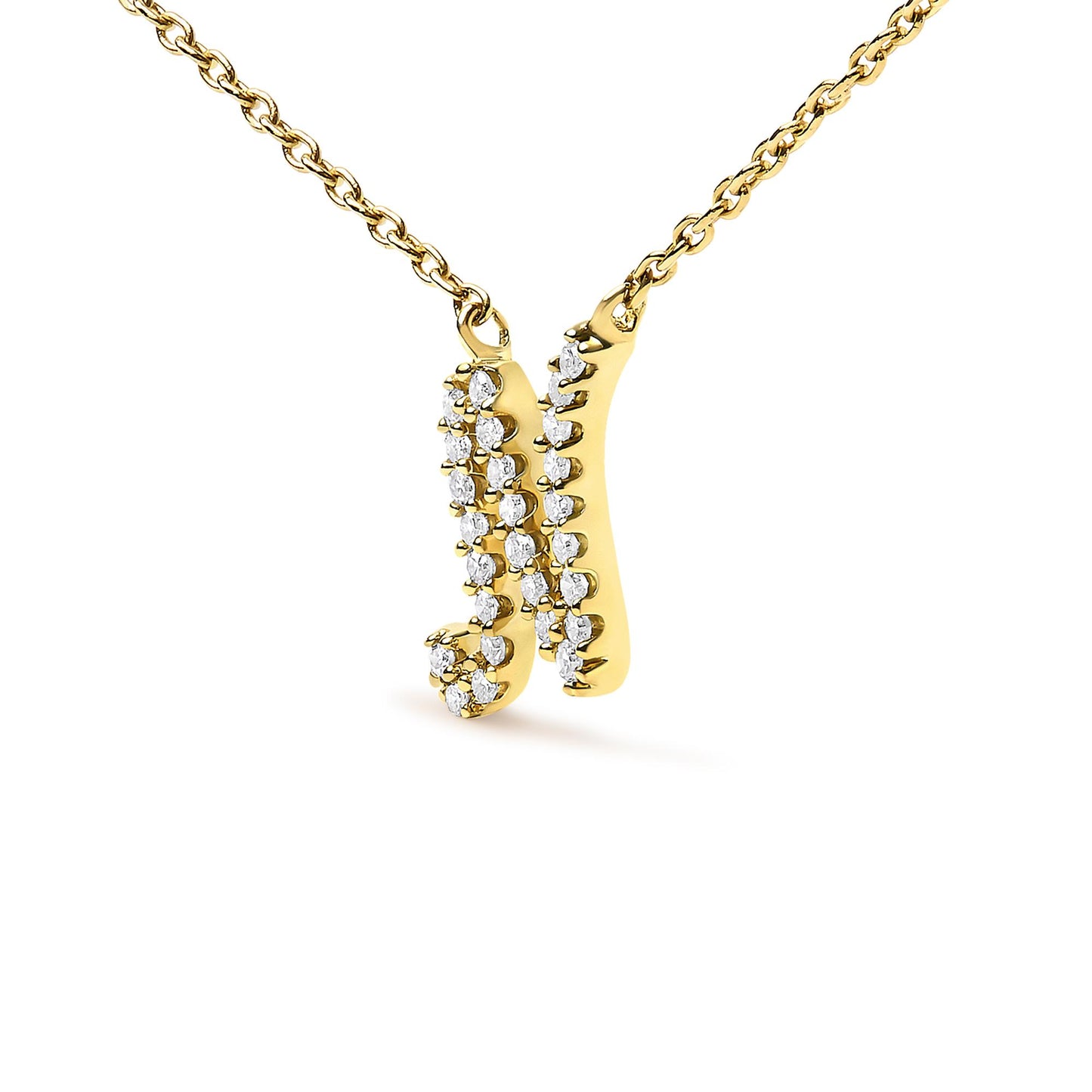 Close-up front angle of a yellow metal necklace pendant featuring a vertical bar and a curved design, both adorned with small white gemstones in a micro-pave setting, hanging from a chain.