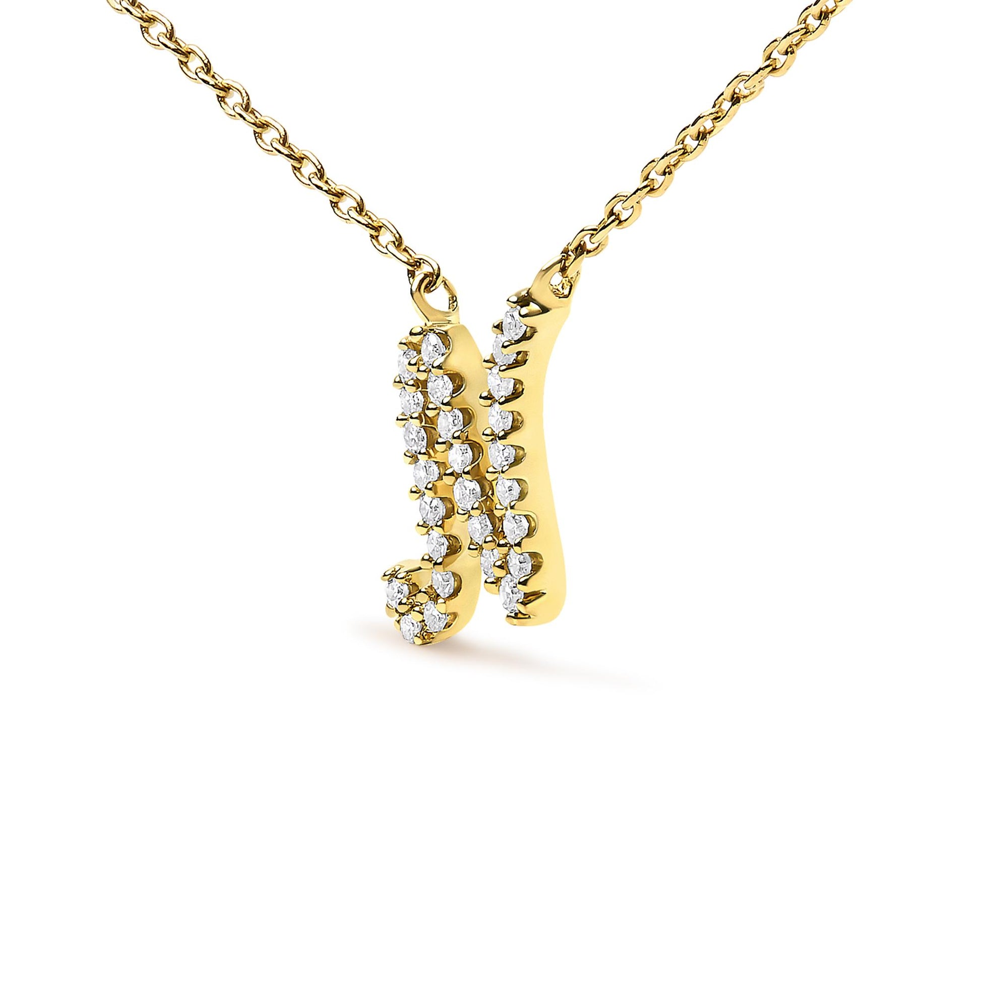 Close-up front angle of a yellow metal necklace pendant featuring a vertical bar and a curved design, both adorned with small white gemstones in a micro-pave setting, hanging from a chain.