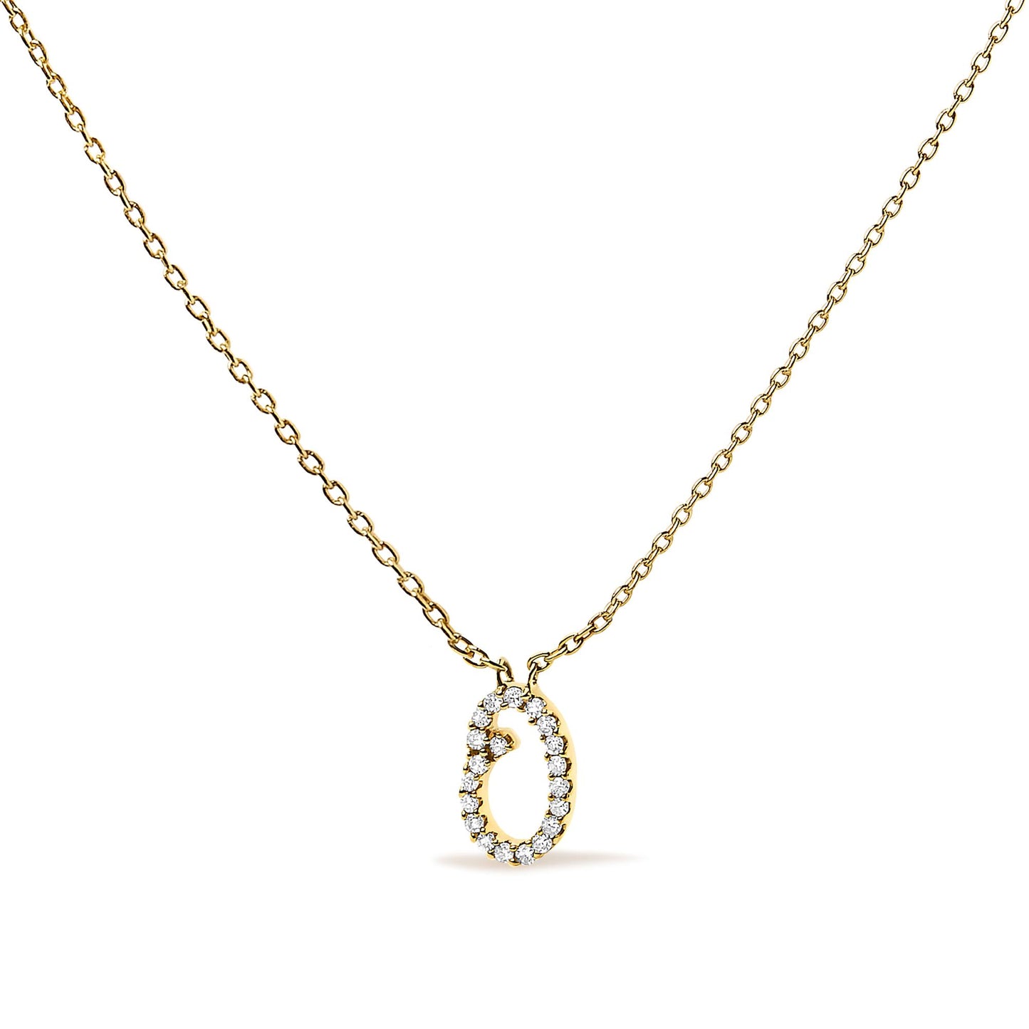 Yellow metal necklace with an oval-shaped pendant set with small white gemstones in a micro-pave setting, shown from a front angle on a white background.