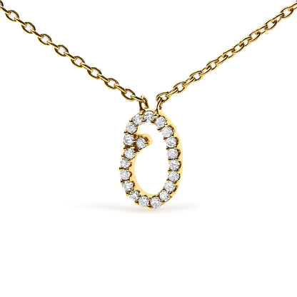 Close-up front view of a yellow metal necklace with an oval-shaped pendant outlined with round white gemstones in a micro-pave setting.