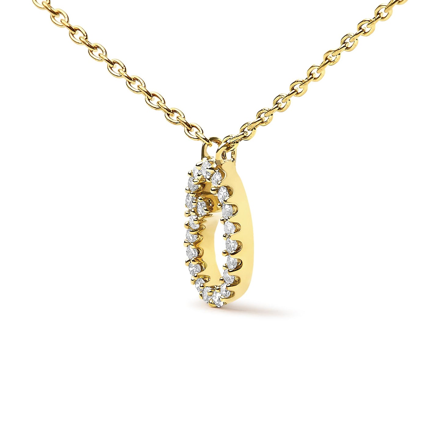 Close-up front angle of a yellow metal necklace with an oval-shaped pendant featuring a micro-pave setting of round white gemstones around its perimeter.