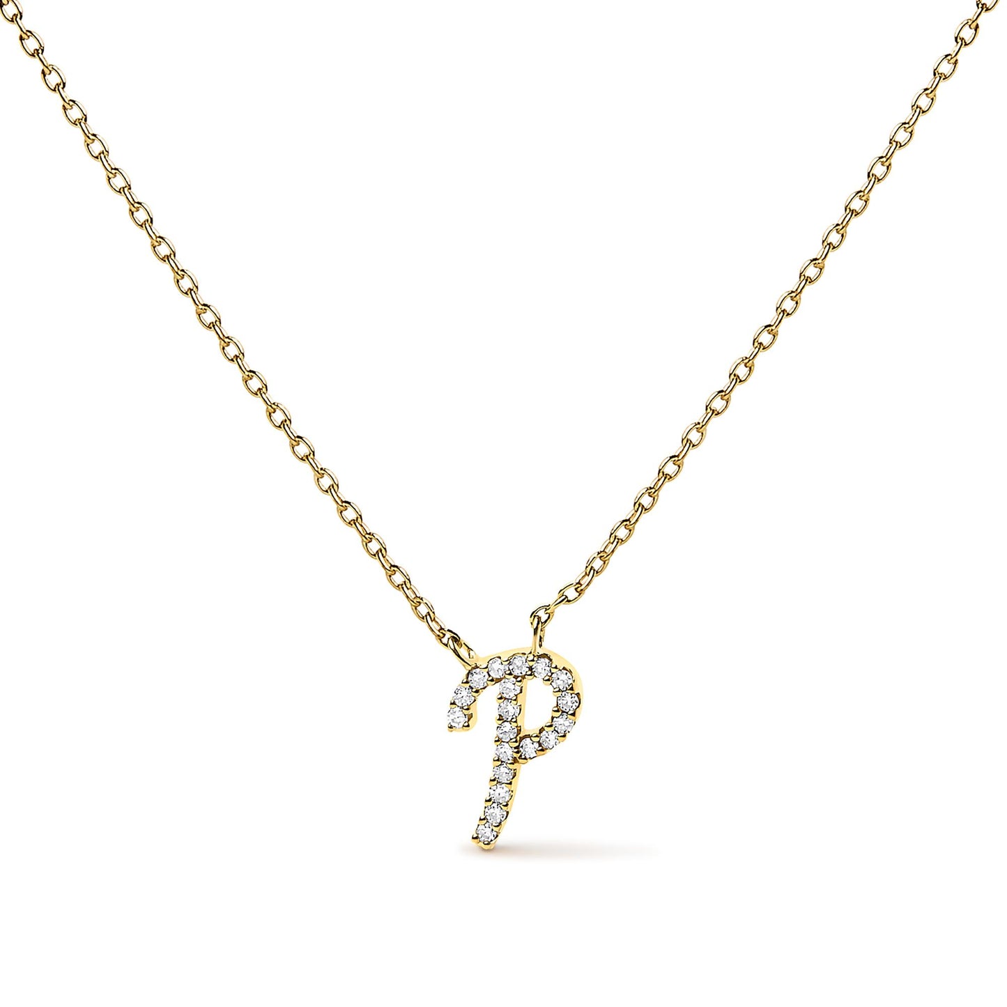 Front-facing close-up of a yellow metal necklace with a pendant shaped as the letter 'P' set with round white gemstones in a micro-pave setting.