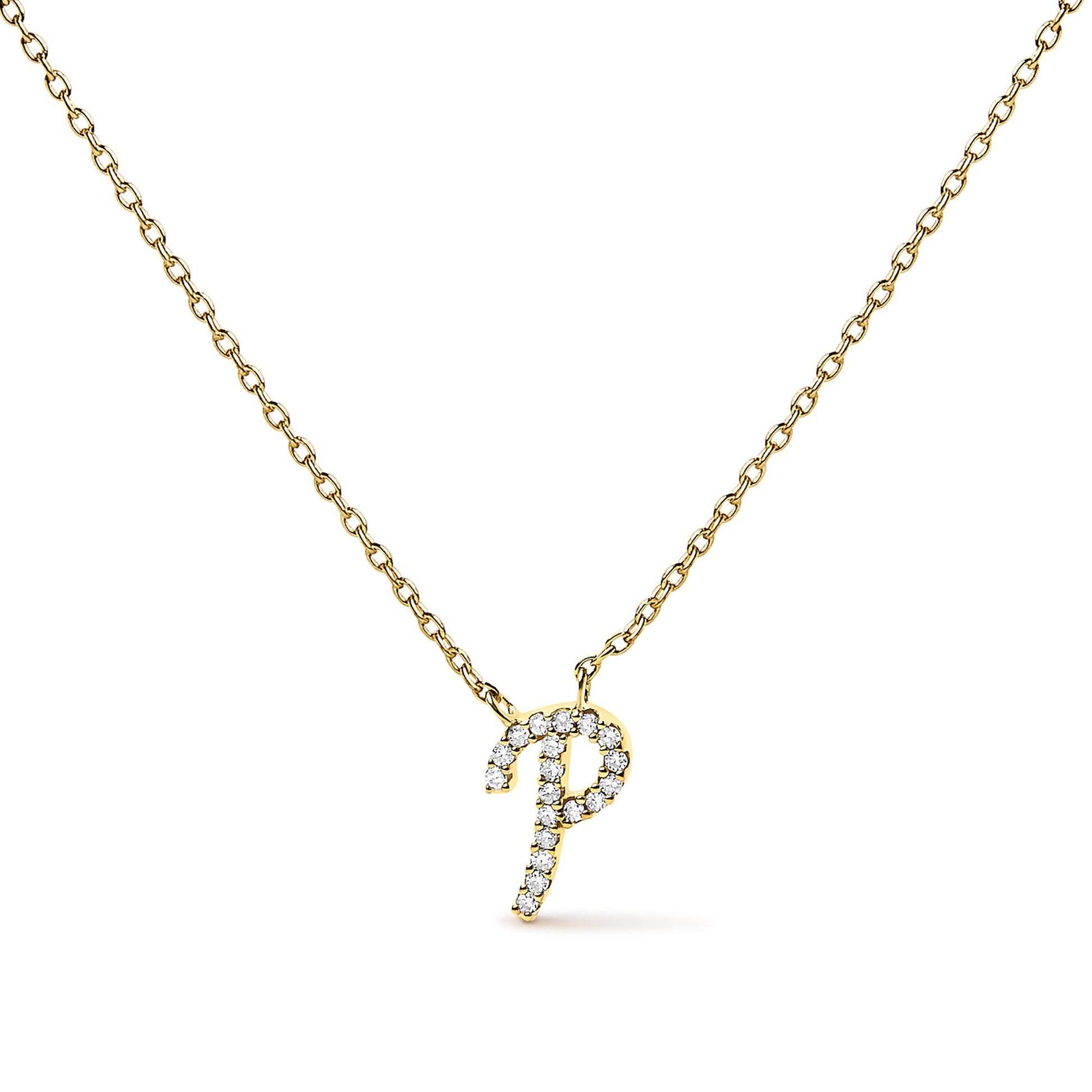 Front-facing close-up of a yellow metal necklace with a pendant shaped as the letter 'P' set with round white gemstones in a micro-pave setting.