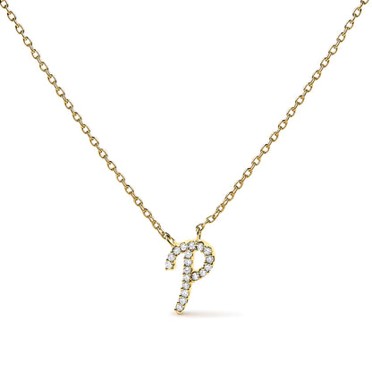 Front-facing close-up of a yellow metal necklace with a pendant shaped as the letter 'P' set with round white gemstones in a micro-pave setting.