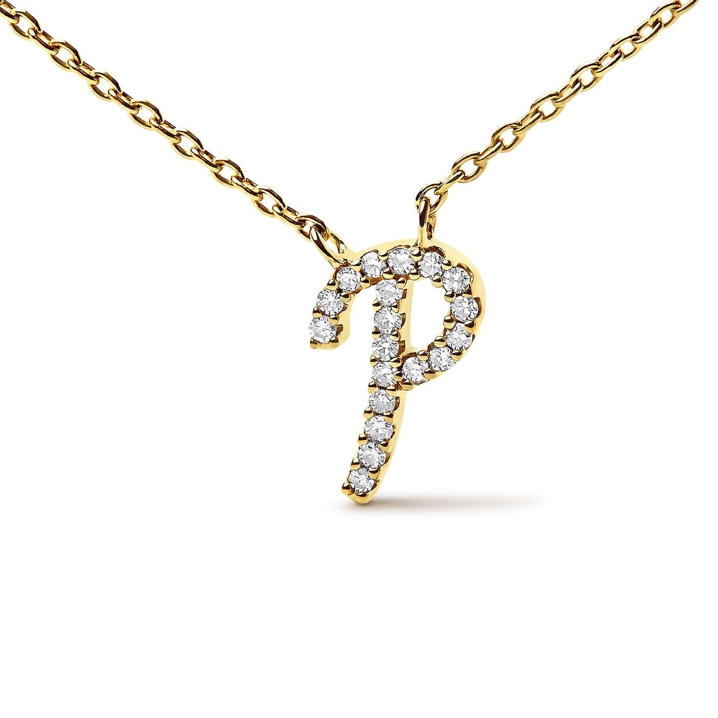 Front view of yellow metal necklace with pendant in the shape of the letter P adorned with round white gemstones in a micro-pave setting.