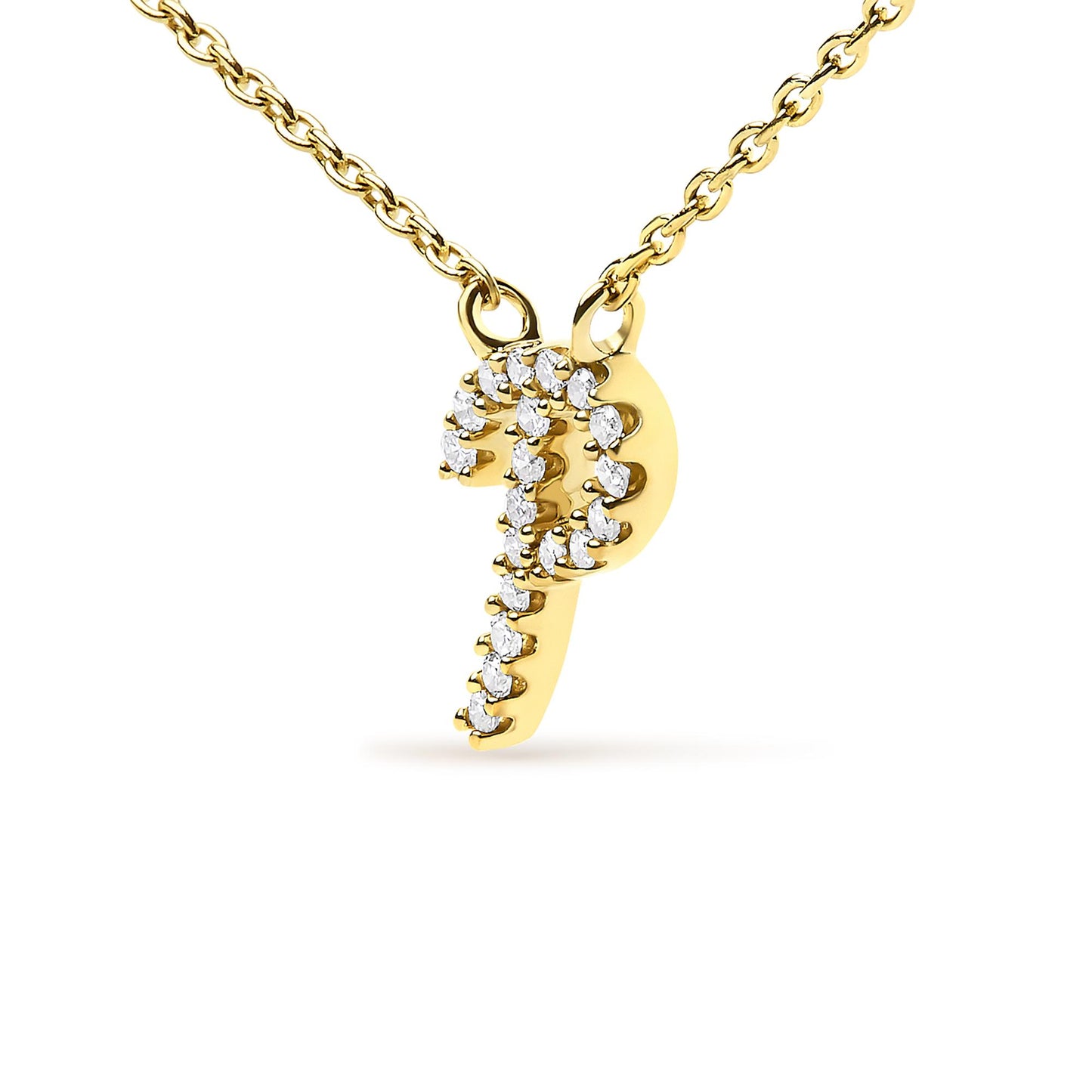 Close-up front view of a yellow necklace pendant in the shape of the letter 'P' adorned with white round gemstones in a micro-pave setting, shown against a white background.