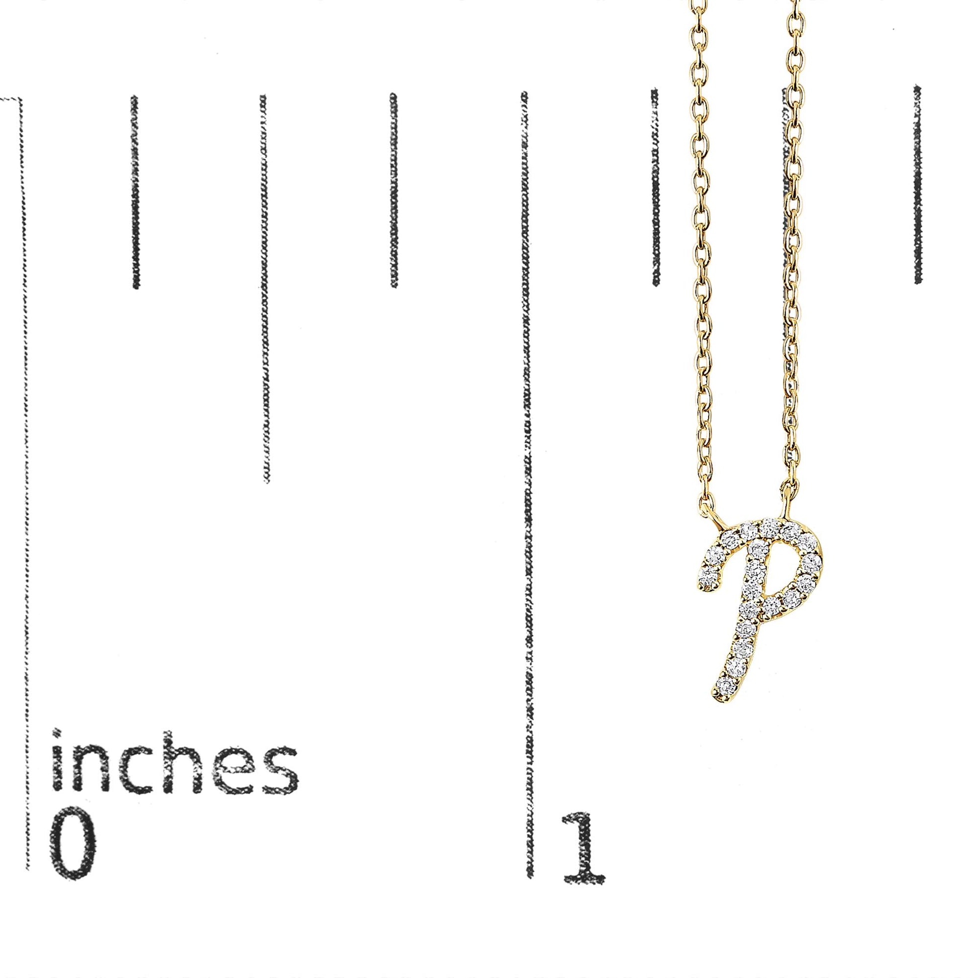 Close-up front view of a yellow necklace with a pendant in the shape of the letter 'P' adorned with round white gemstones in a micro-pave setting, shown on a scale.