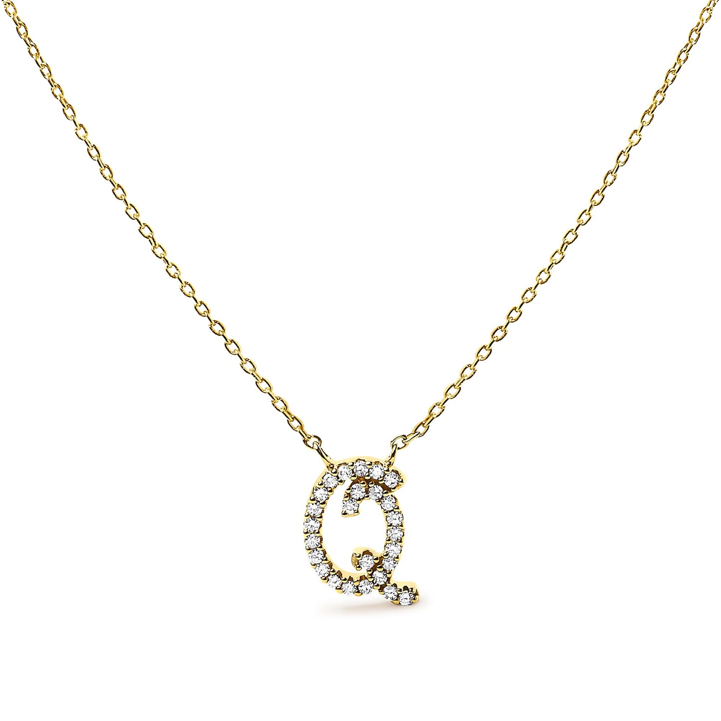 Close-up front angle of a yellow necklace with a round pendant shaped like the letter Q, set with multiple small white gemstones in a micro-pave setting.