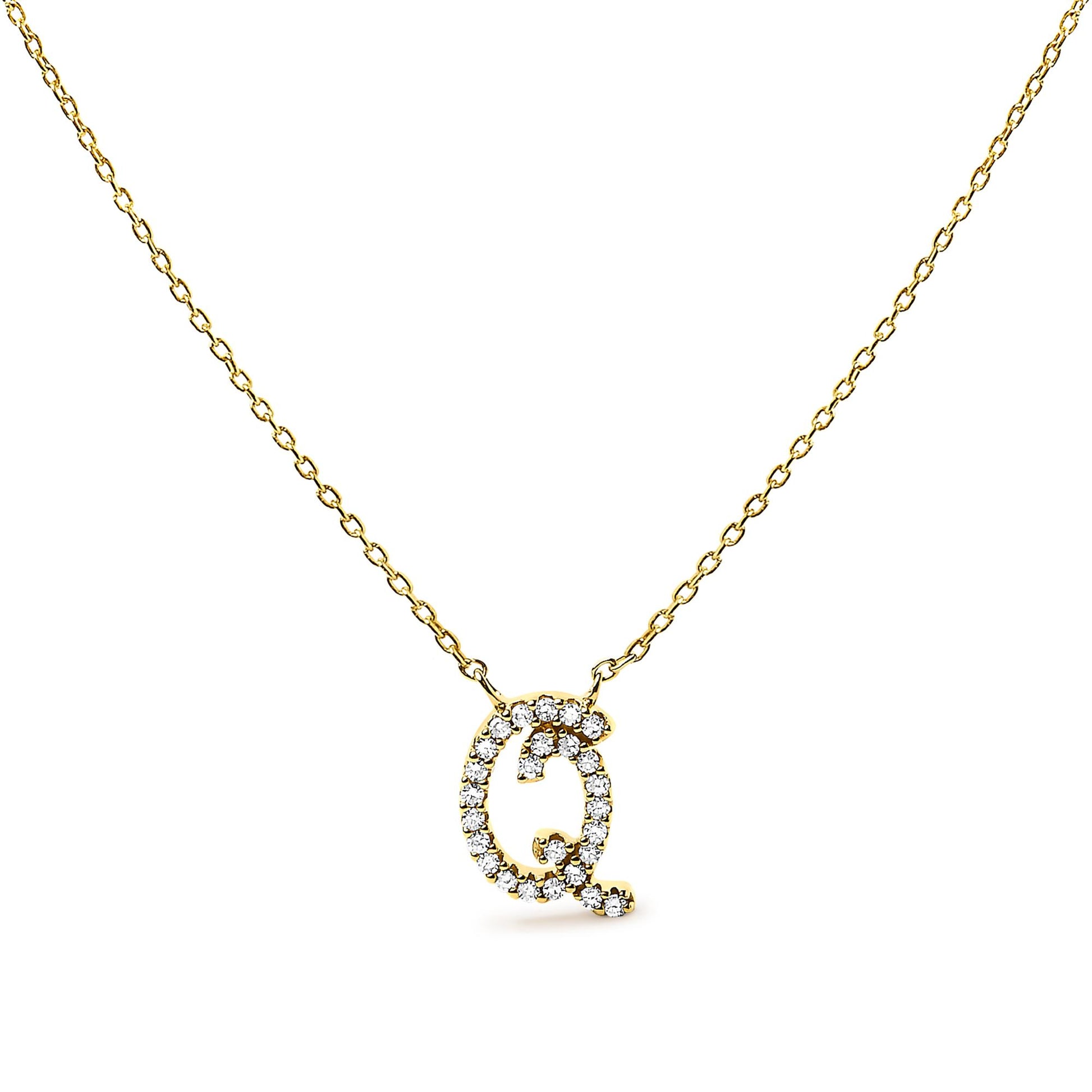 Close-up front angle of a yellow necklace with a round pendant shaped like the letter Q, set with multiple small white gemstones in a micro-pave setting.